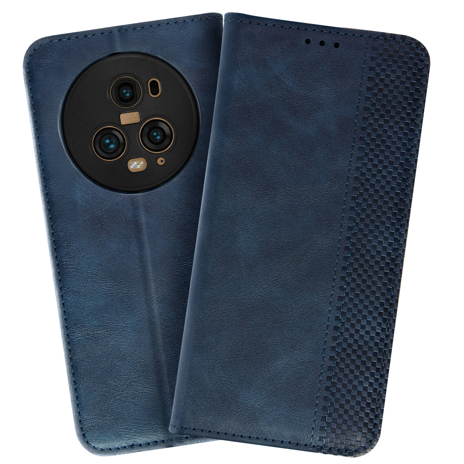 Blaue Leder-Handyhülle. Geöffnet, zeigt Telefonkamera. Strukturierte Seite.
