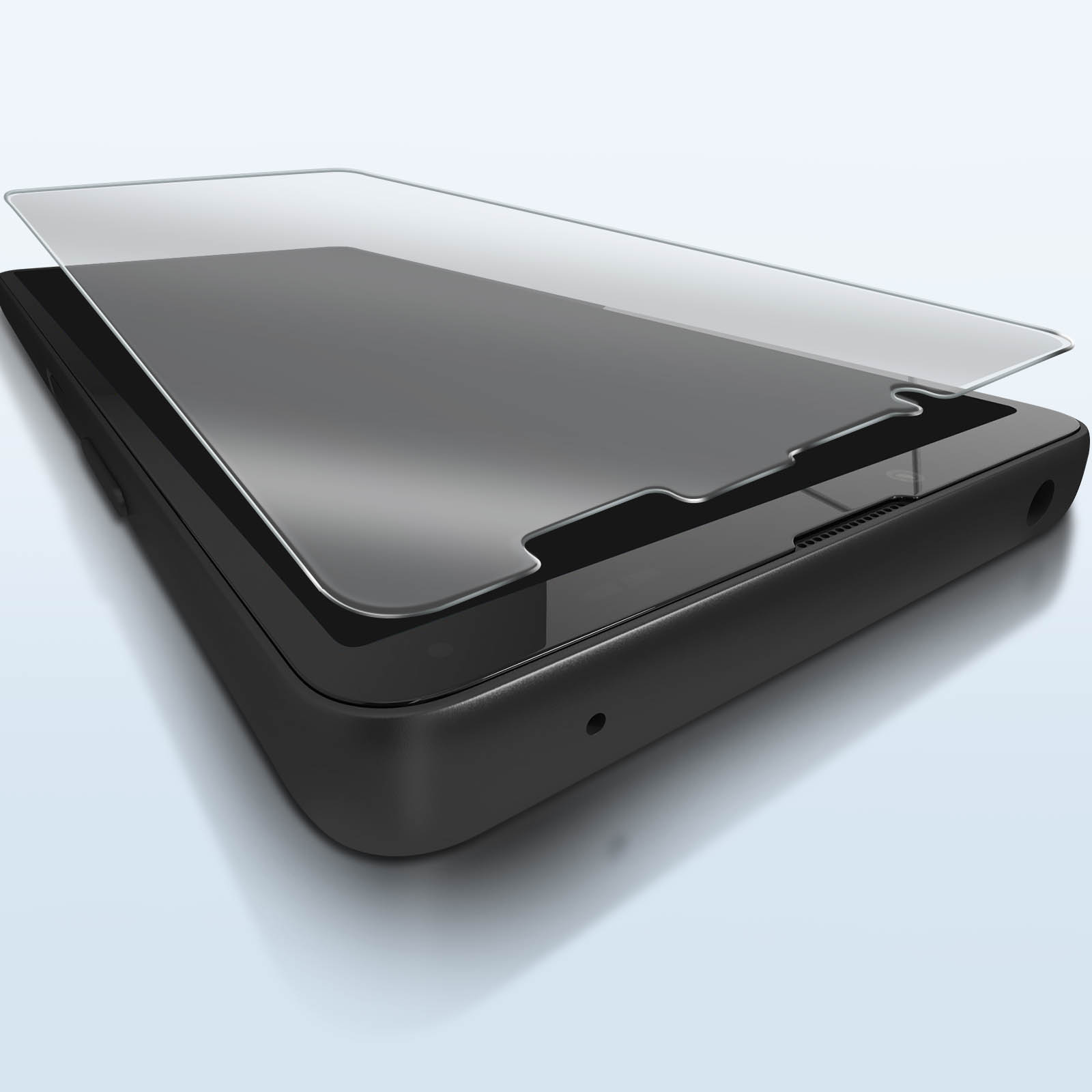 Un téléphone noir avec un protecteur d'écran en cours d'application. Le protecteur est transparent.