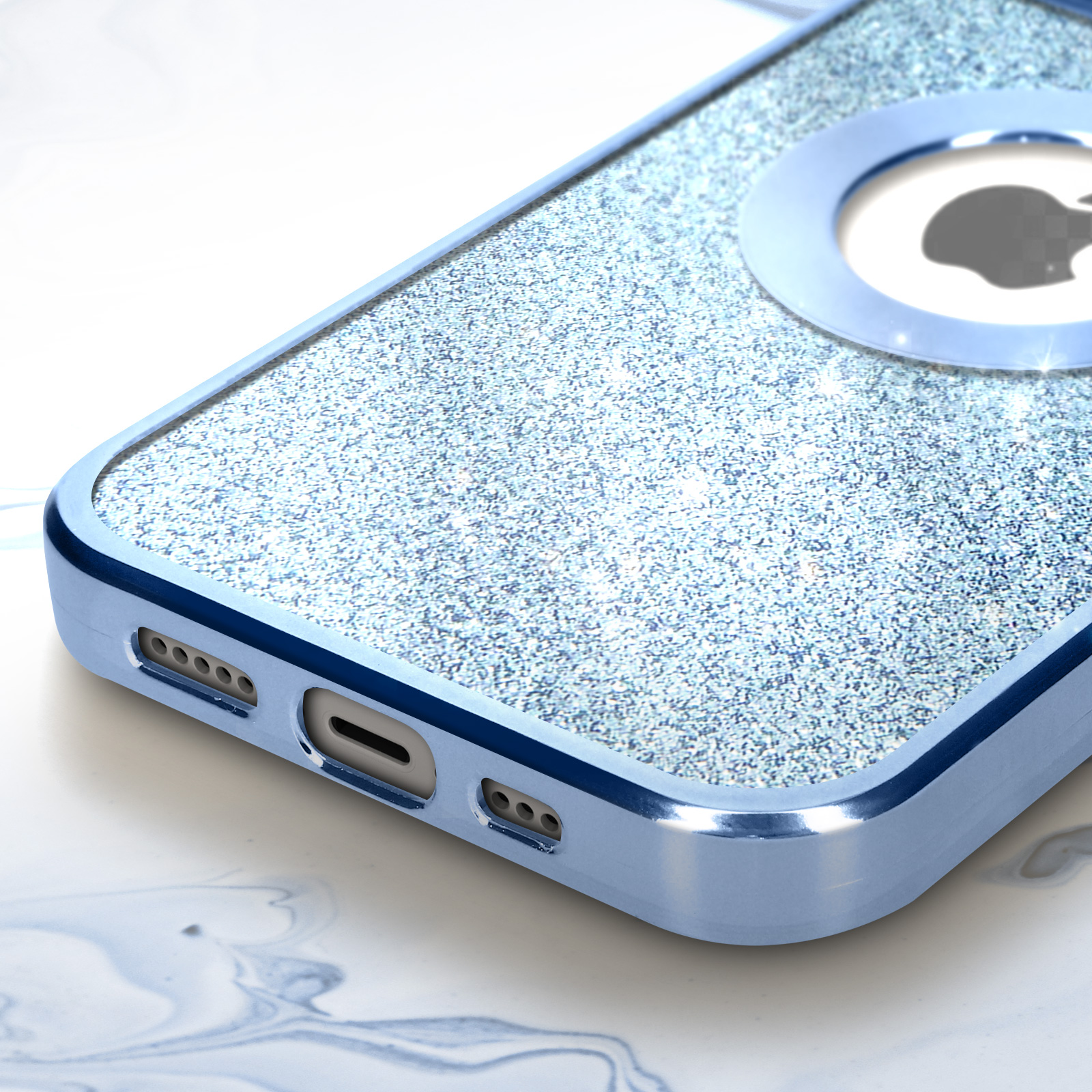 Custodia blu per telefono con glitter, primo piano. Include fotocamera e porte di ricarica. Sfondo chiaro.