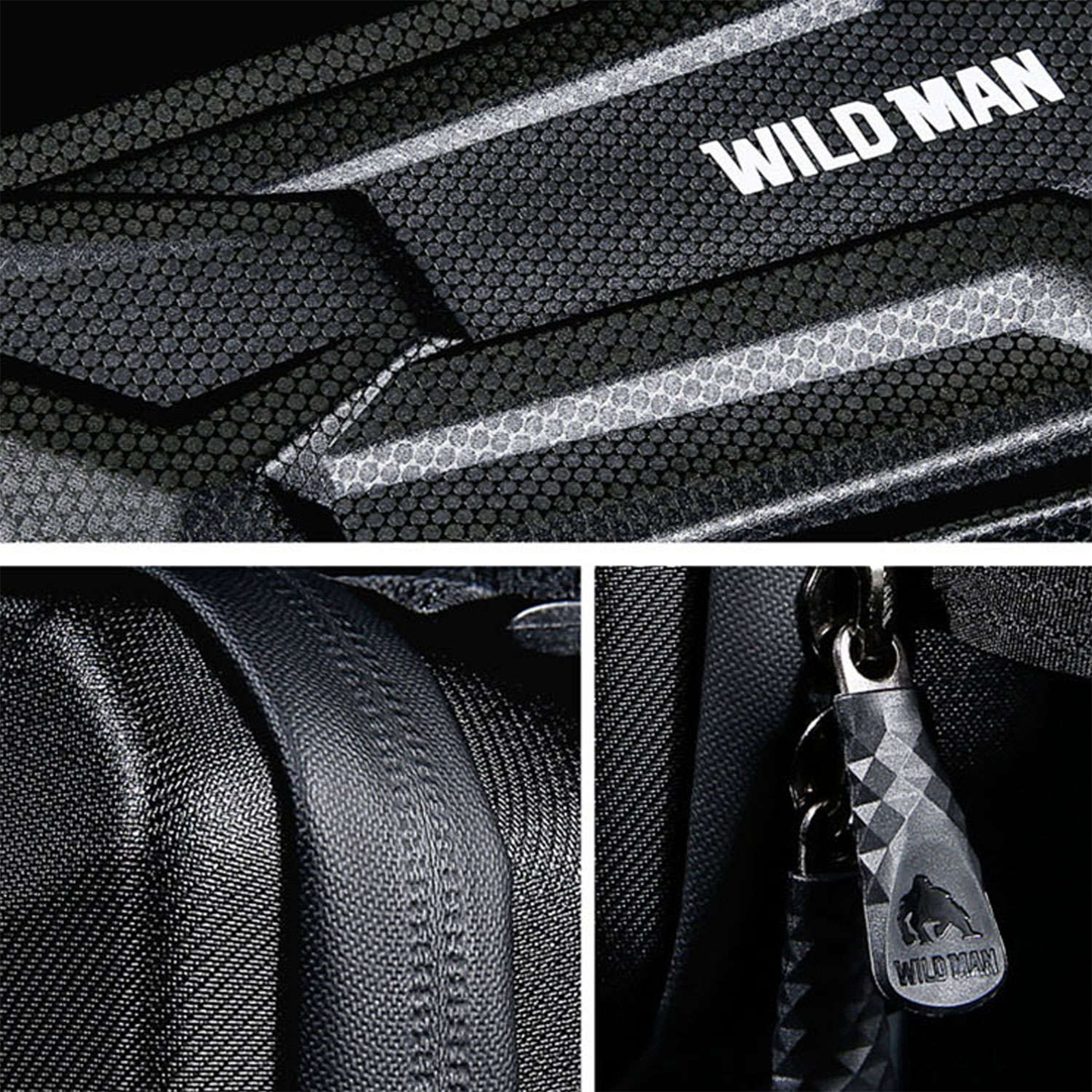 Nahaufnahmen einer schwarzen Fahrradtasche. Strukturiertes Material, Reißverschlüsse und ein 'WILD MAN'-Logo.