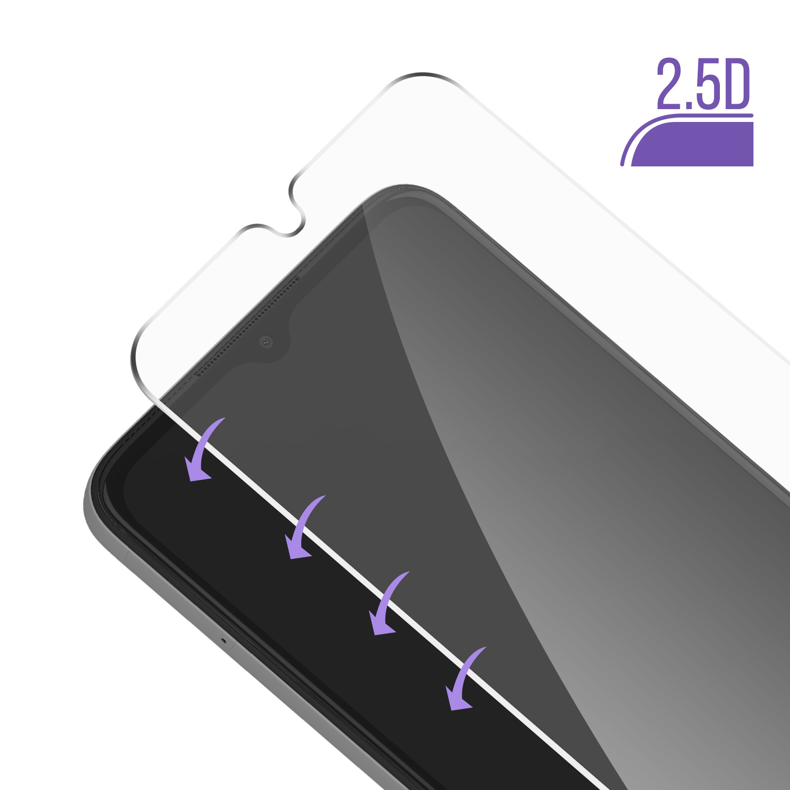Un proteggi schermo viene posizionato su un telefono. Frecce e un'etichetta 2.5D sono visibili.
