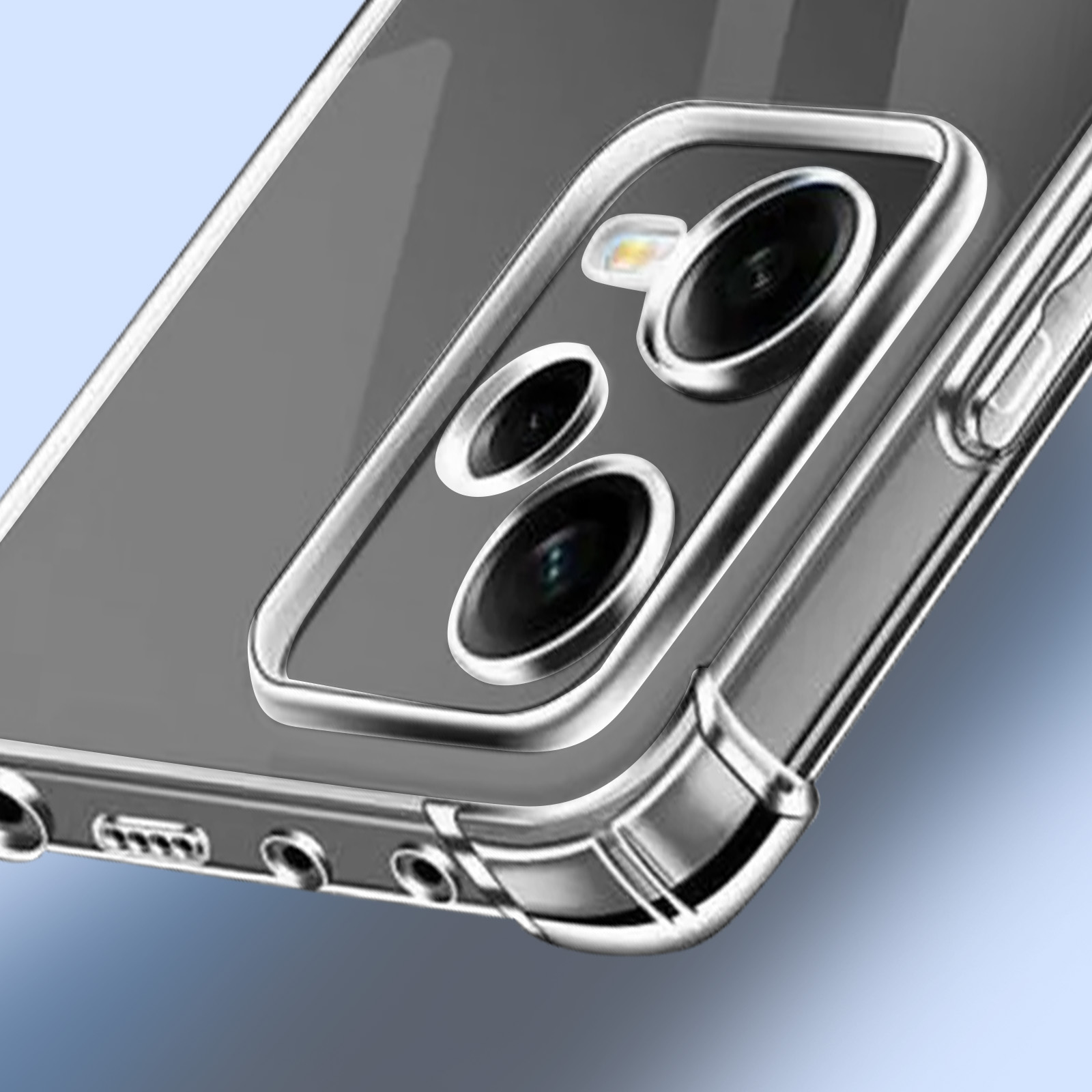 Transparante telefoonhoes met drievoudige camera. Blauwe achtergrond. Gedetailleerd beeld.