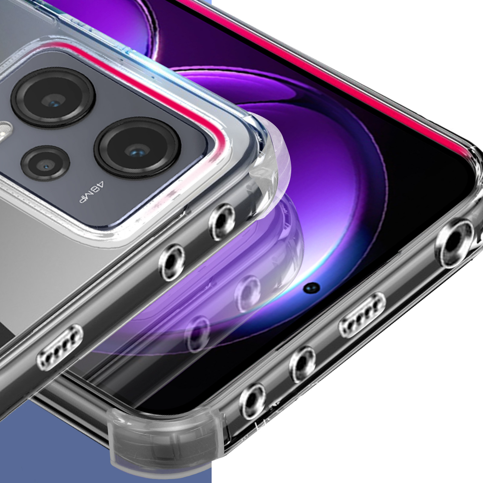 Close-up van een telefoon met een doorzichtige hoes. De telefoon heeft drie camera's en een 48MP-markering.