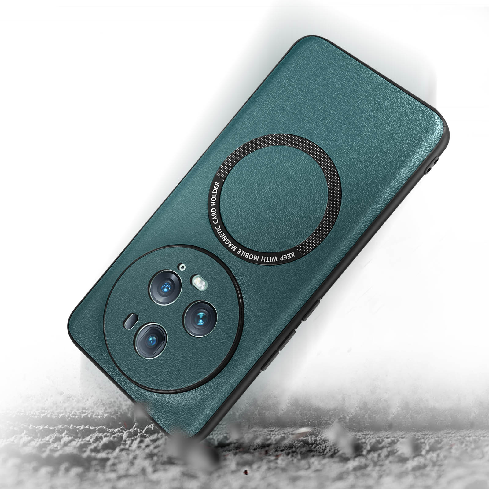 A phone case in a green color. It has a camera cutout and a magnetic ring.