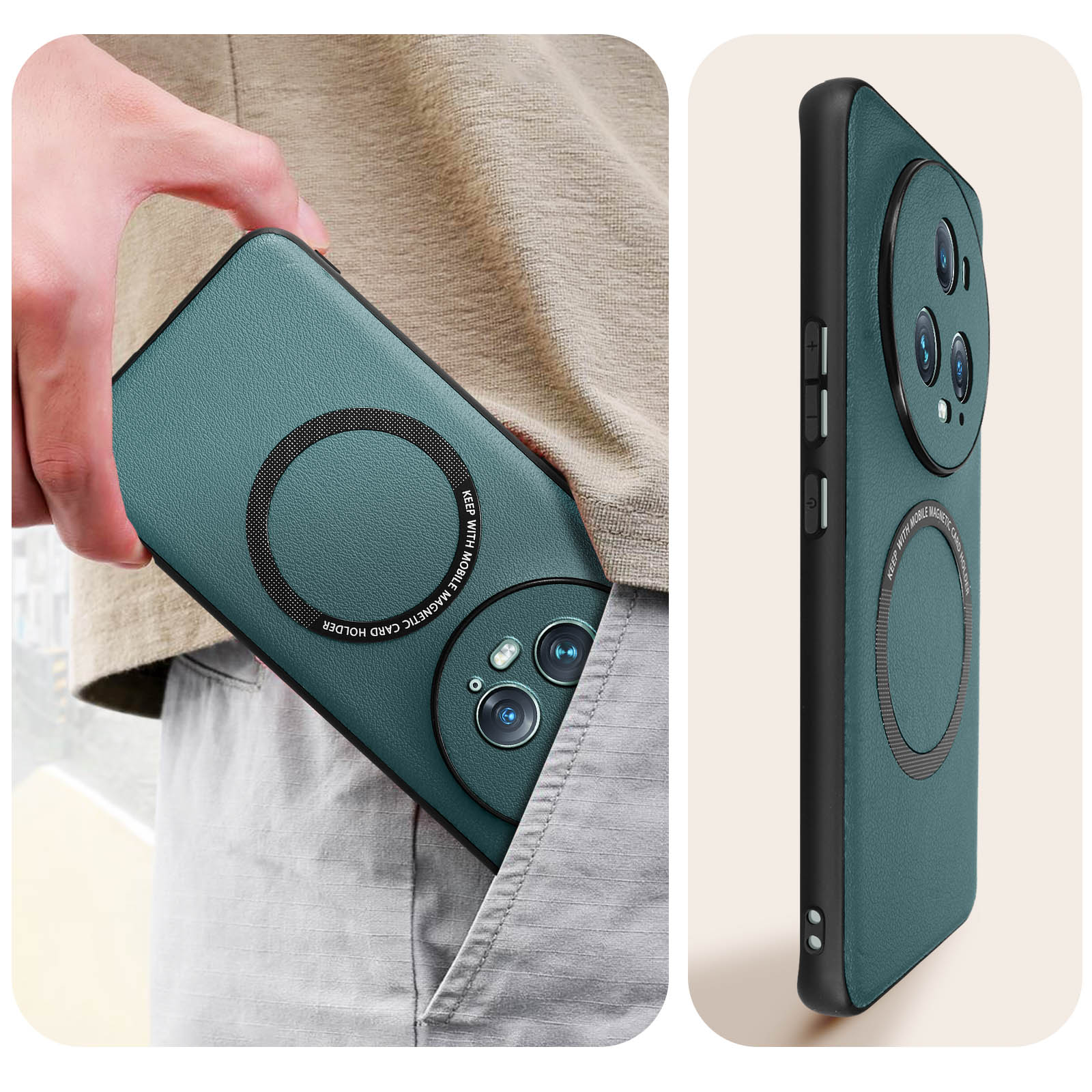 Teal phone case with a magnetic circle. Hand holding it. Background shows a second view.