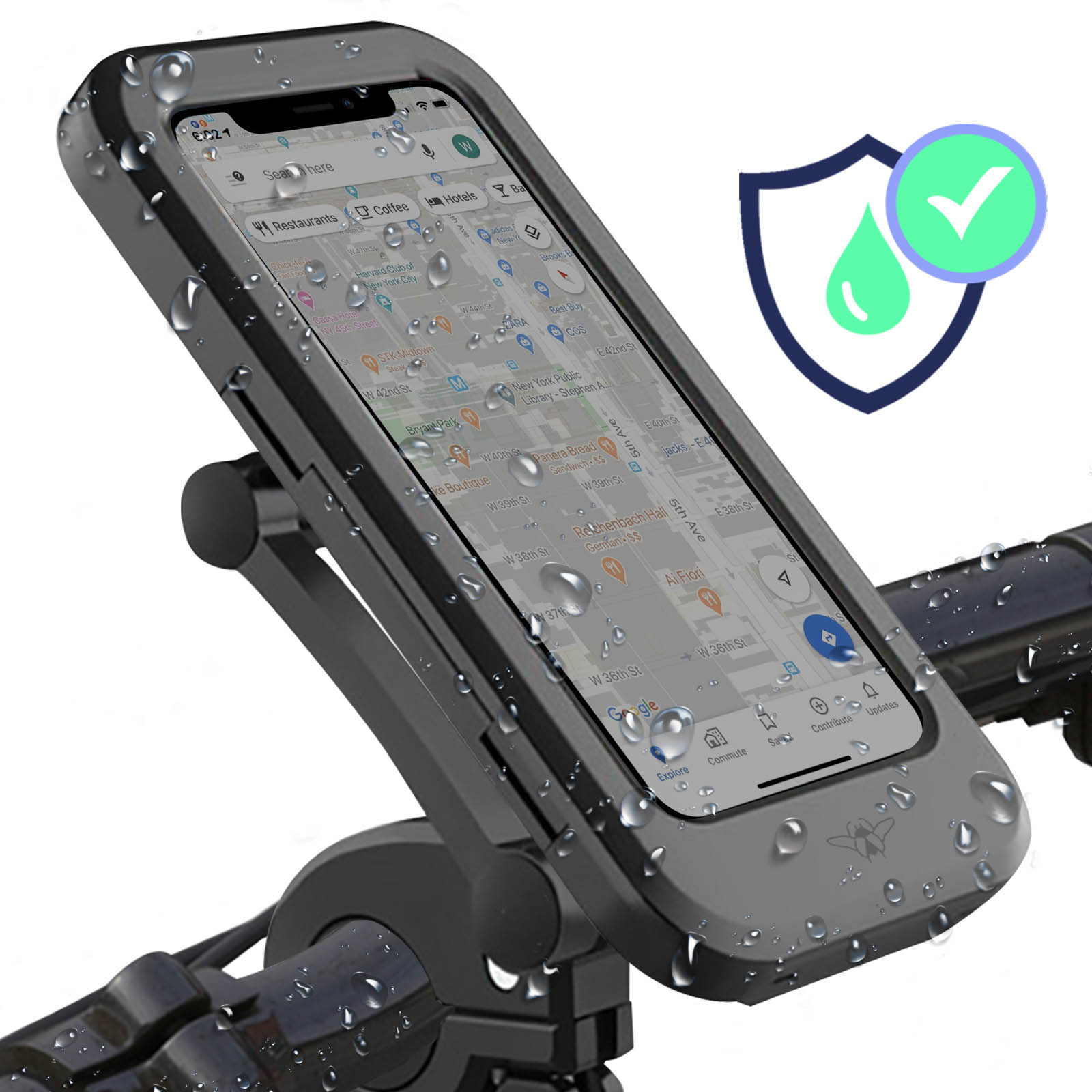 Telefono montato sul manubrio di una bici. La protezione impermeabile è indicata da un segno di spunta verde.