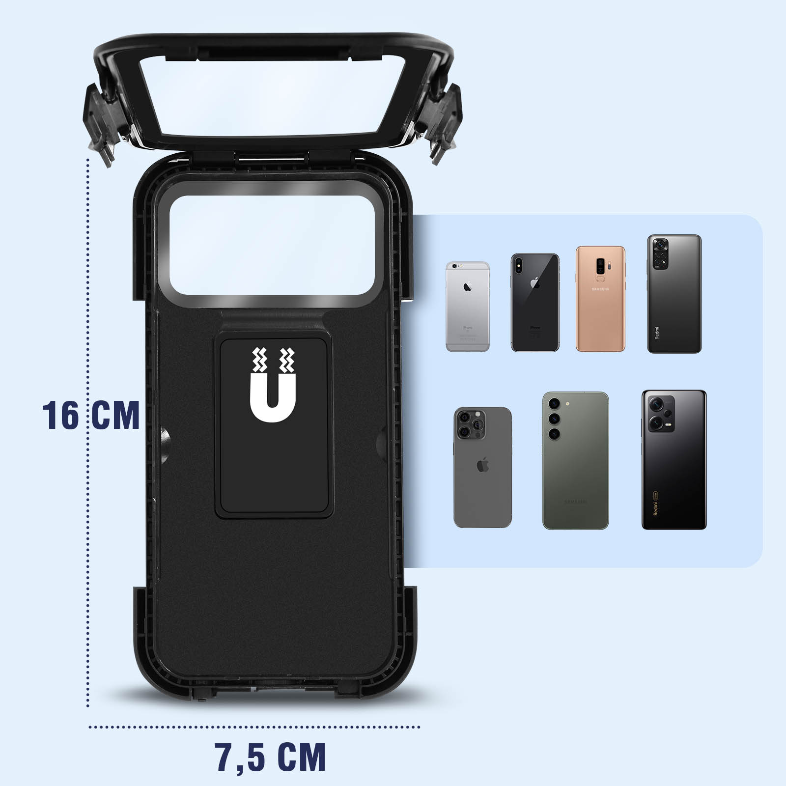 Custodia per telefono impermeabile nera aperta, dimensioni 16 cm altezza e 7,5 cm larghezza. Telefoni mostrati.