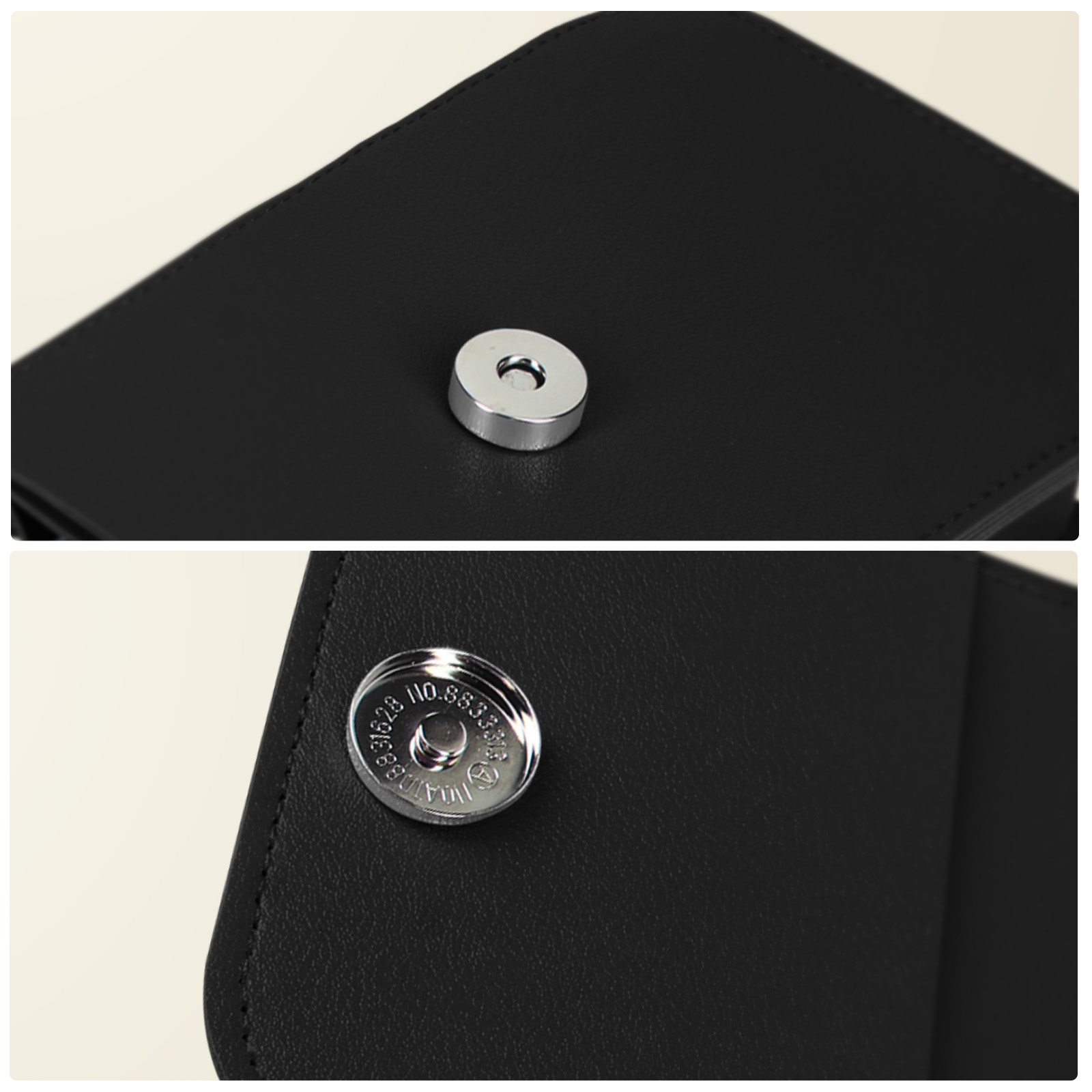 Close-up van zwarte leren hoes met zilveren magnetische sluiting, open en dicht. Stiksels zichtbaar.