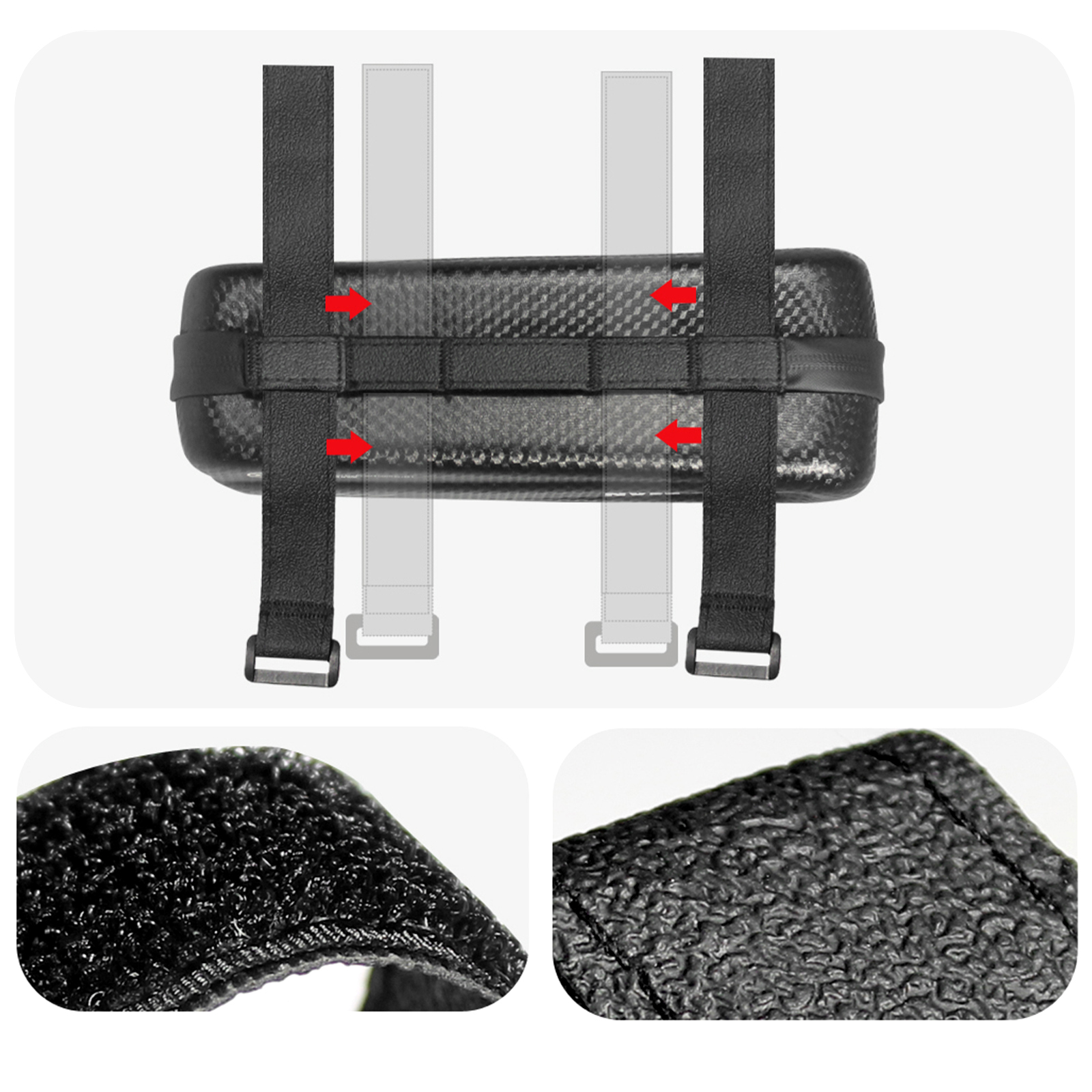 Nahaufnahmen von schwarzen Fahrradtaschenriemen und strukturiertem Material.