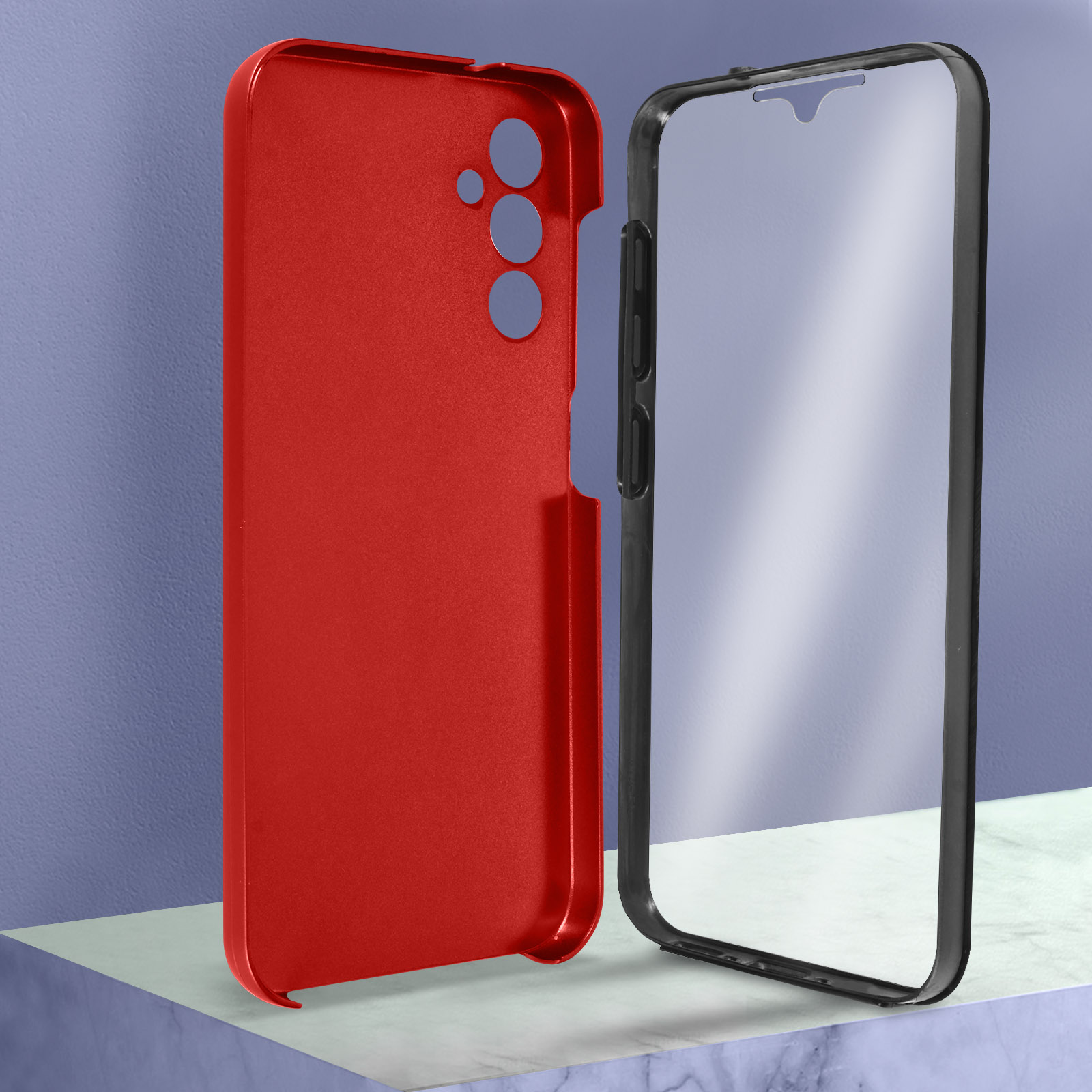 Due parti di telefono, rosso e trasparente. La parte rossa è solida, quella trasparente ha il contorno.
