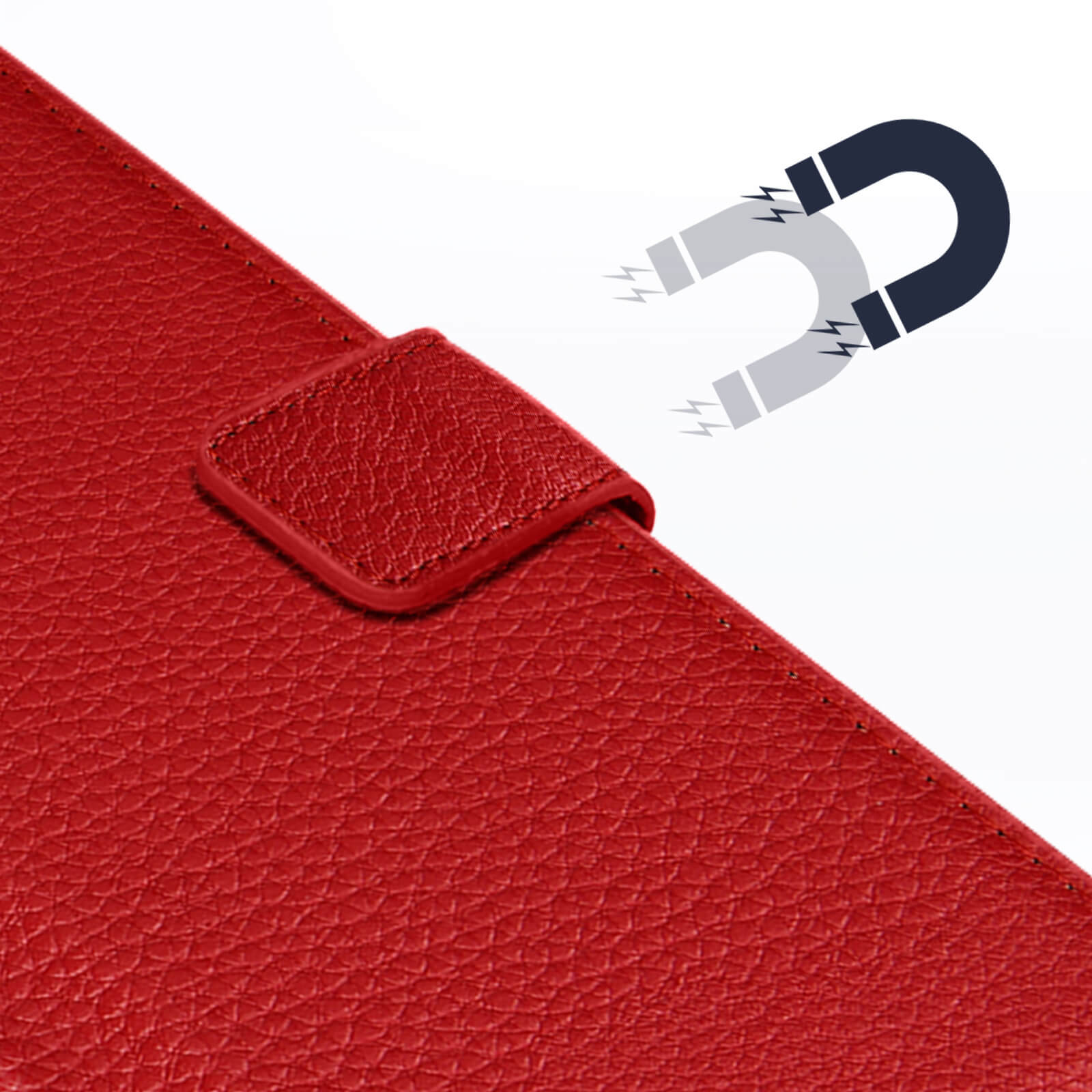 Funda de cuero roja para teléfono con cierre magnético e icono magnético de fondo.