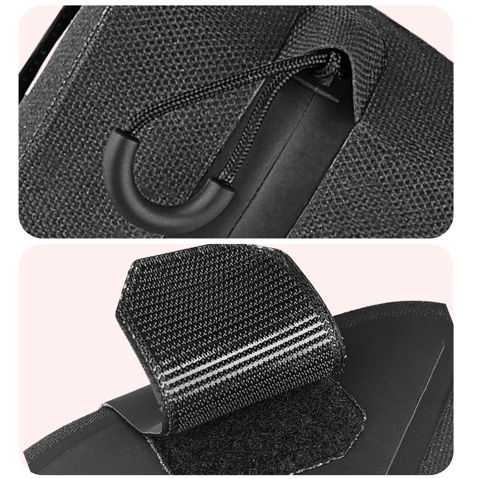 Nahaufnahme einer schwarzen Fahrradtasche mit Reißverschluss- und Klettverschlussdetails.