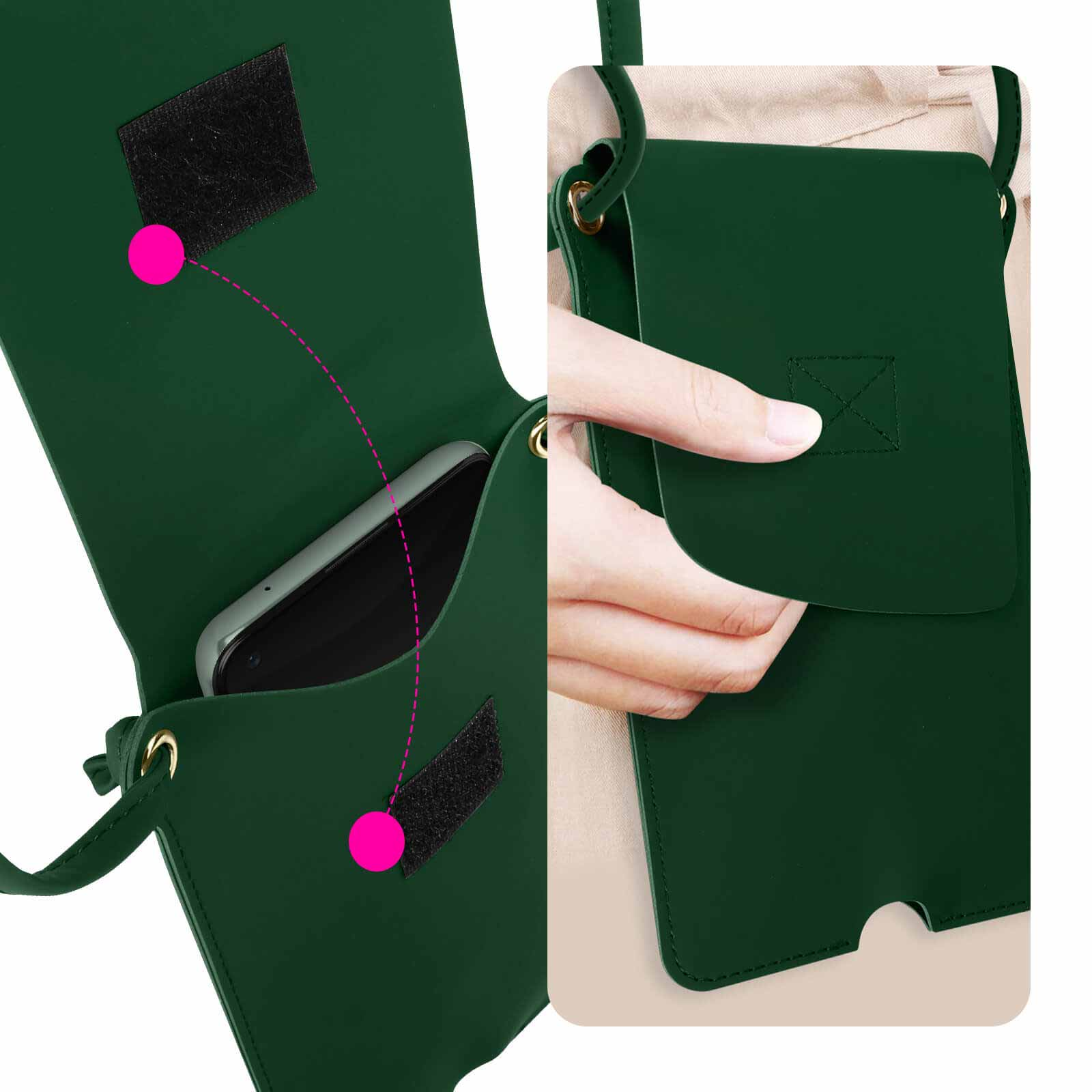 Grüne Handytasche, mit einem Telefon darin. Eine Hand hält die Tasche. Pinke Highlights zeigen die Details.