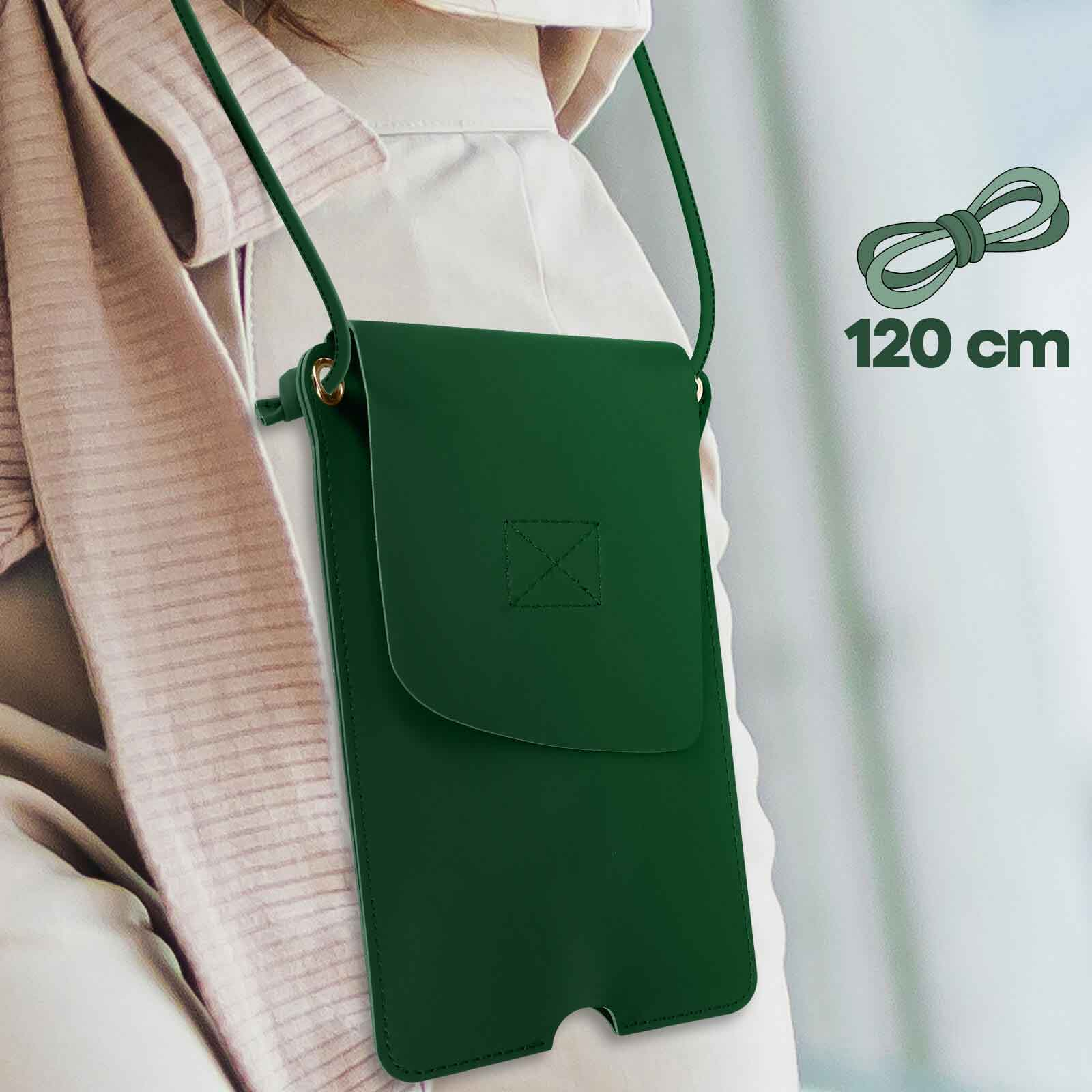 Eine grüne Handytasche mit Trageriemen wird getragen. Eine 120 cm lange grüne Kordel wird gezeigt.