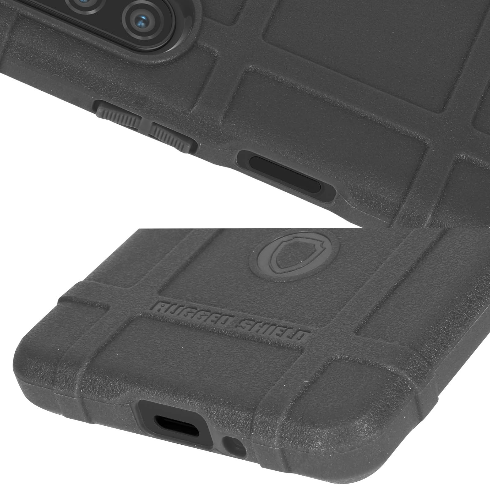 Primo piano di una custodia per telefono grigio scuro. Mostra pulsanti, porte e un design Rugged Shield strutturato.