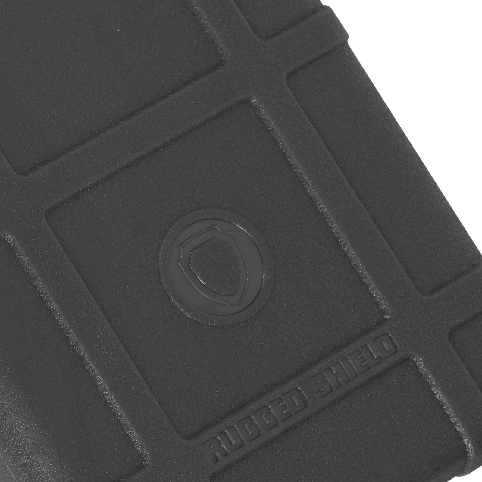 Primo piano di una custodia per telefono nera con il logo Rugged Shield.