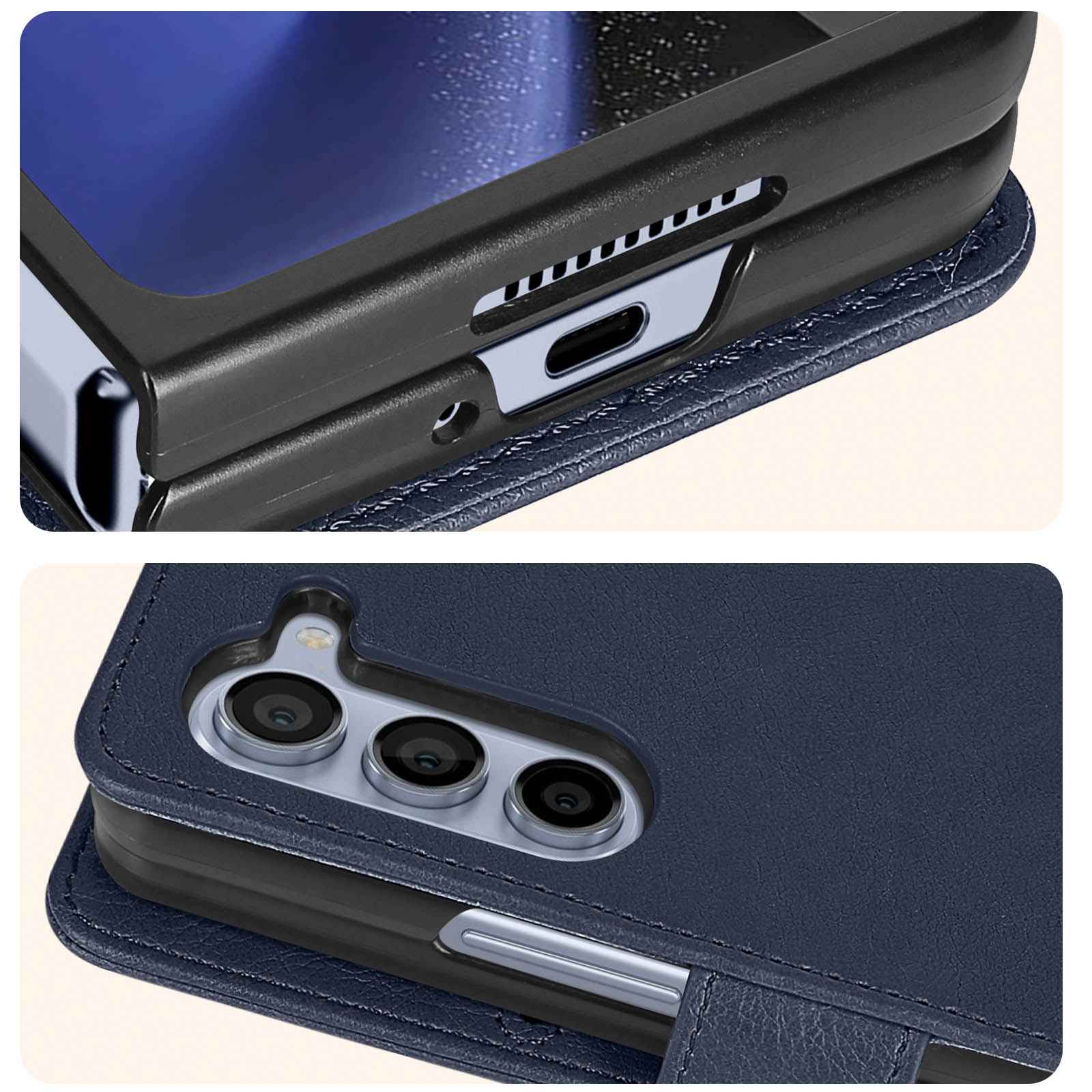 Primo piano dei dettagli della custodia del telefono: copertura in pelle marrone aperta, custodia blu scuro con fotocamere e porte.