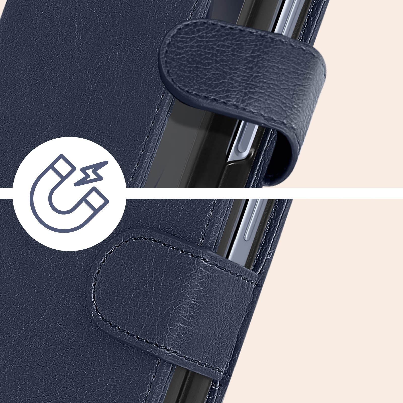 Primo piano di una custodia blu navy. Una chiusura magnetica in alto e la scritta 'Magnet'.