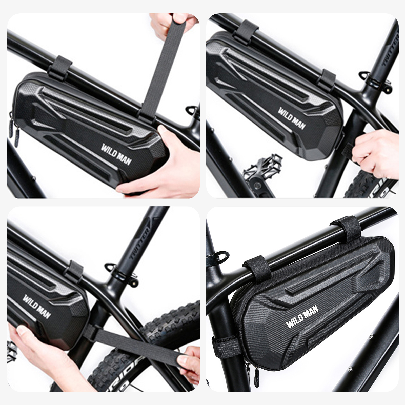 Demonstration der Montage einer schwarzen WILD MAN Fahrradtasche am Fahrradrahmen.
