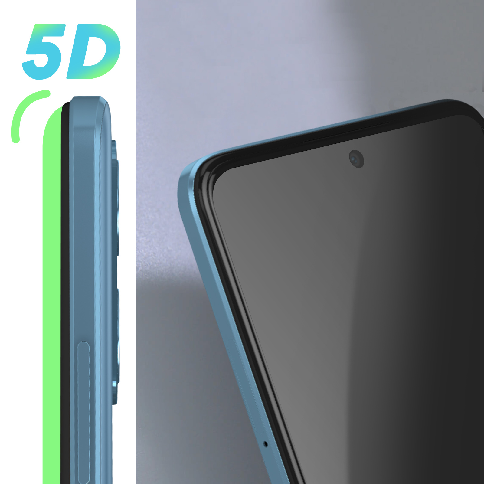 Primo piano del lato di un telefono, che mostra schermo e pulsanti. 5D e una linea verde visibili.
