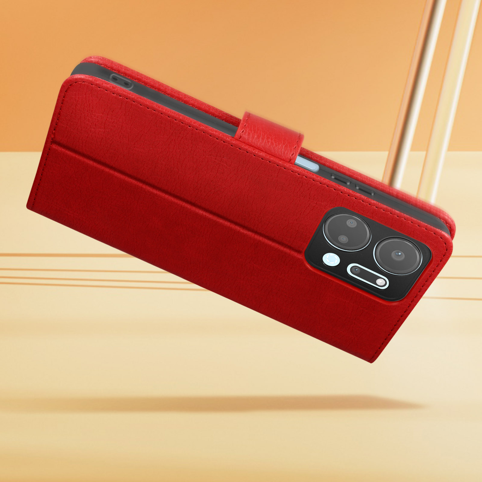 Rote Leder-Handyhülle, mit Magnetlasche und Telefon darin, schräg gestellt.