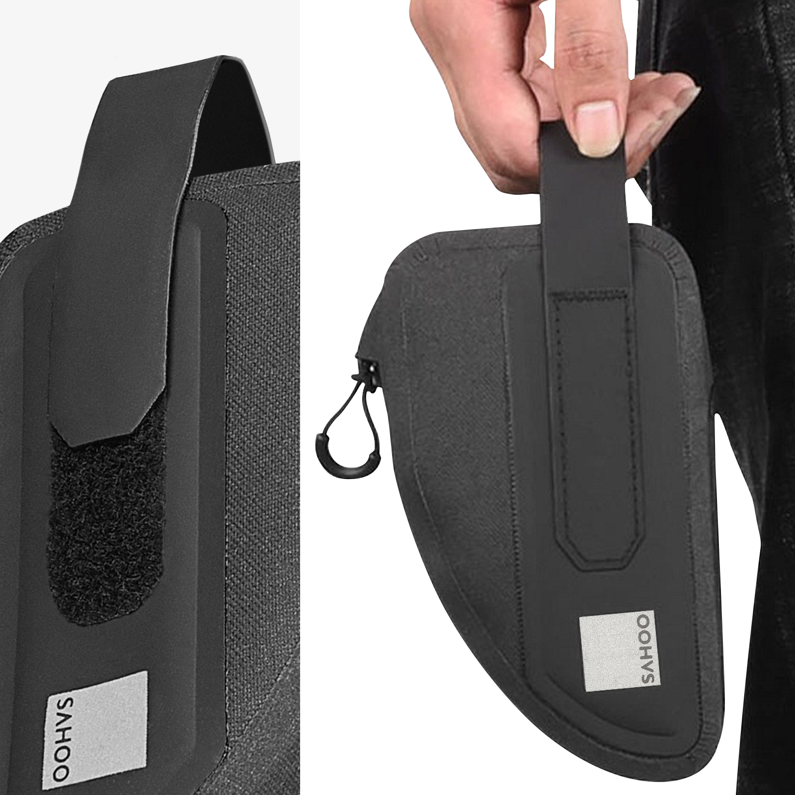 Sac de vélo noir avec une sangle Velcro et une main tenant le sac. Le texte 'SAHOO' est dessus.
