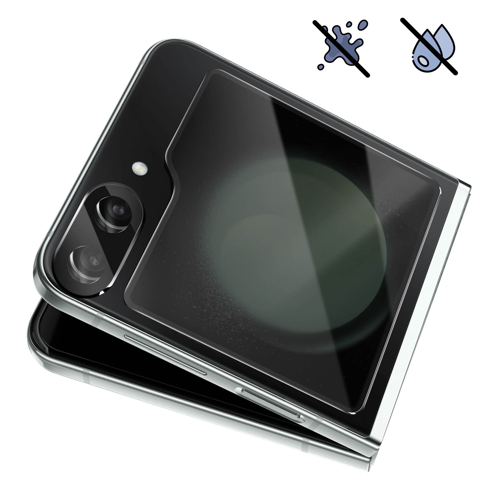 Un telefono pieghevole con una protezione per lo schermo applicata, contrassegnato da icone di acqua e gocce.