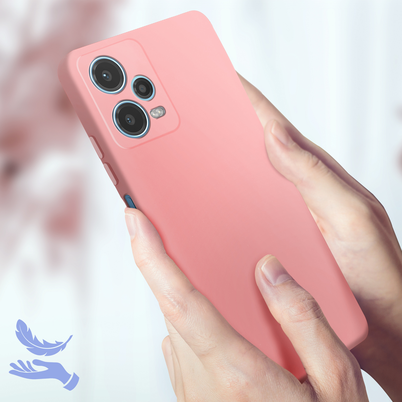 Mani che tengono una custodia rosa, con un'icona a forma di piuma e un'icona a forma di mano.