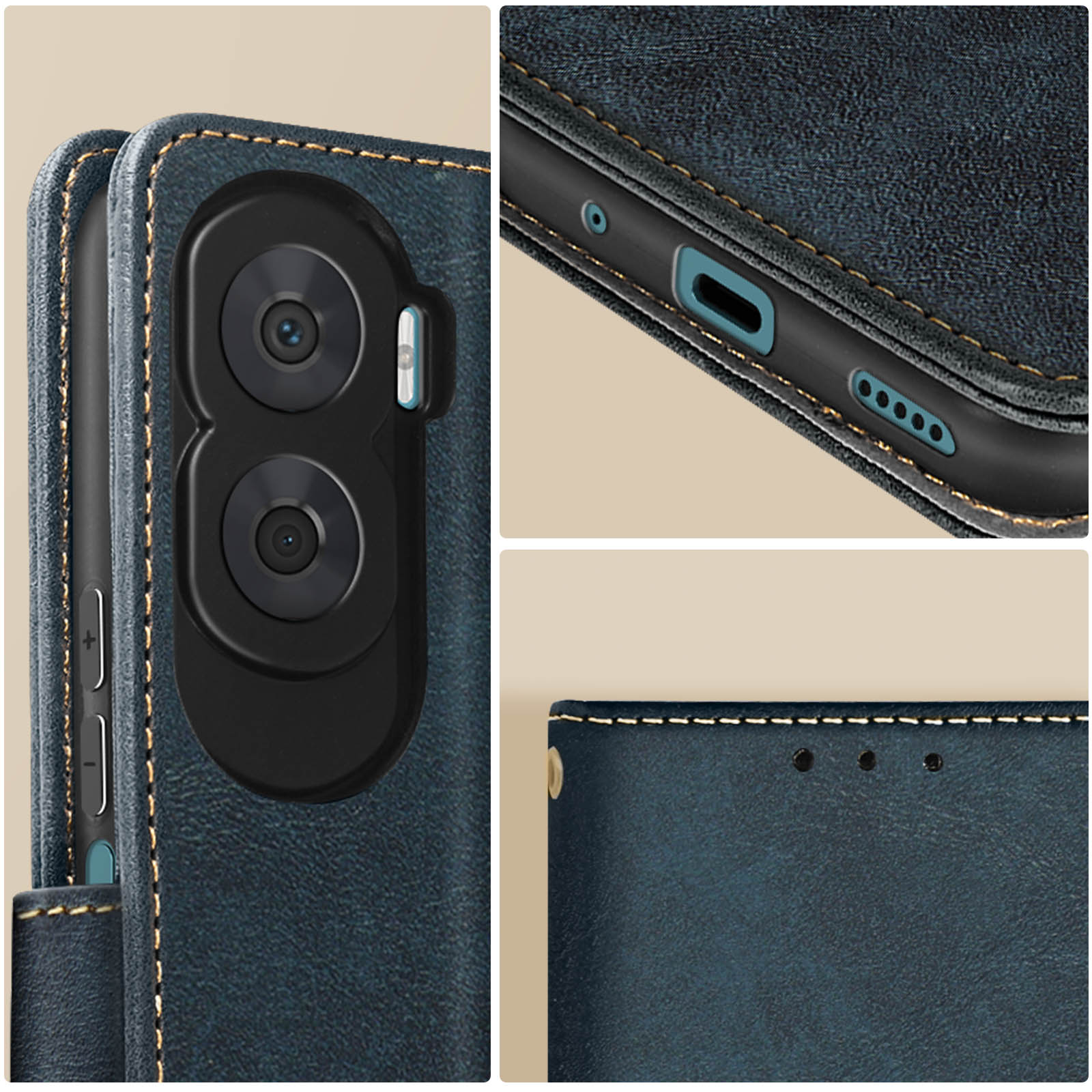 Custodia blu per telefono con ritagli per fotocamera e dettagli cuciture. Primi piani.