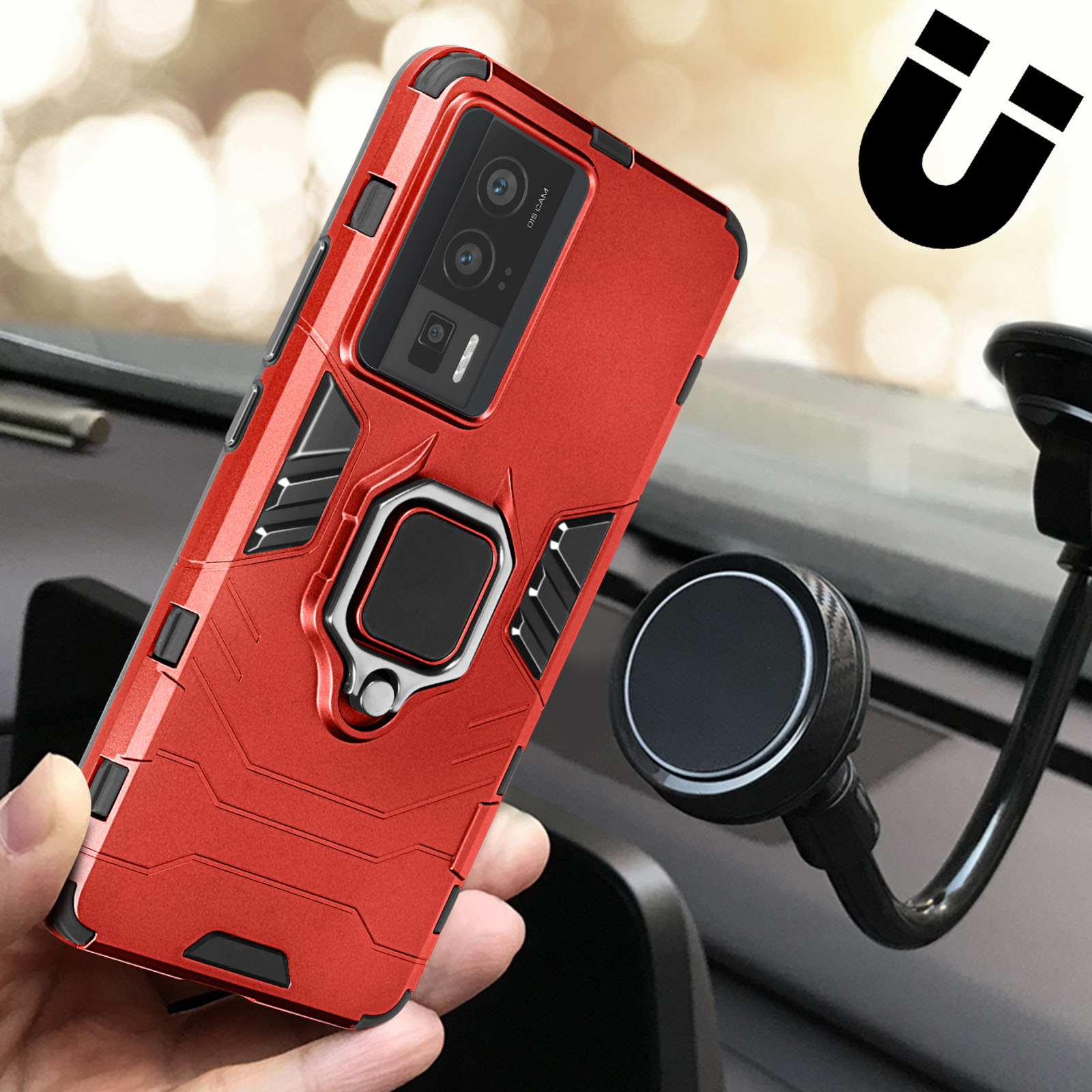 Custodia per telefono rossa con supporto magnetico per auto e grafica a forma di U.