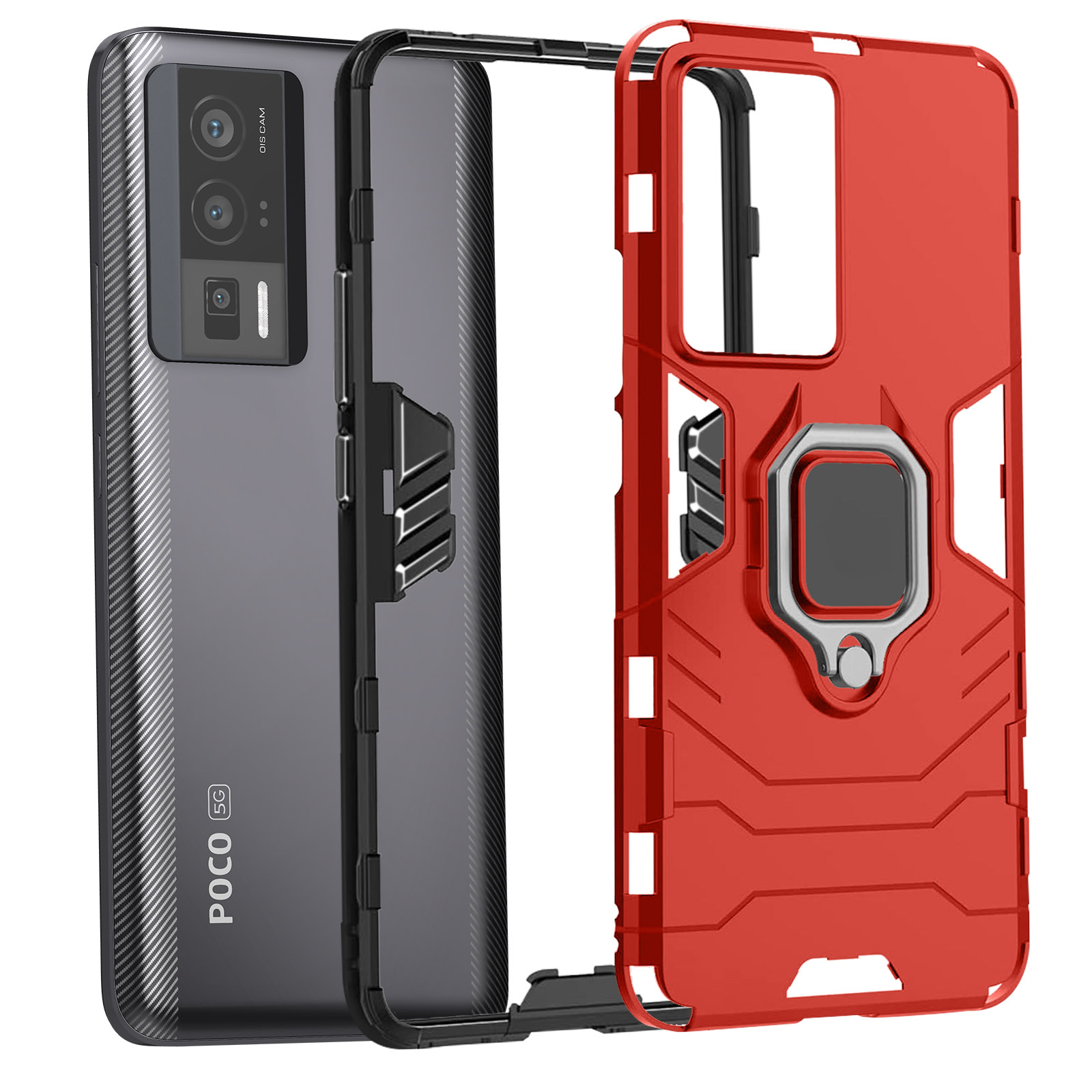 Custodia per telefono rossa e nera. Custodia smontata. Custodia su un tavolo.