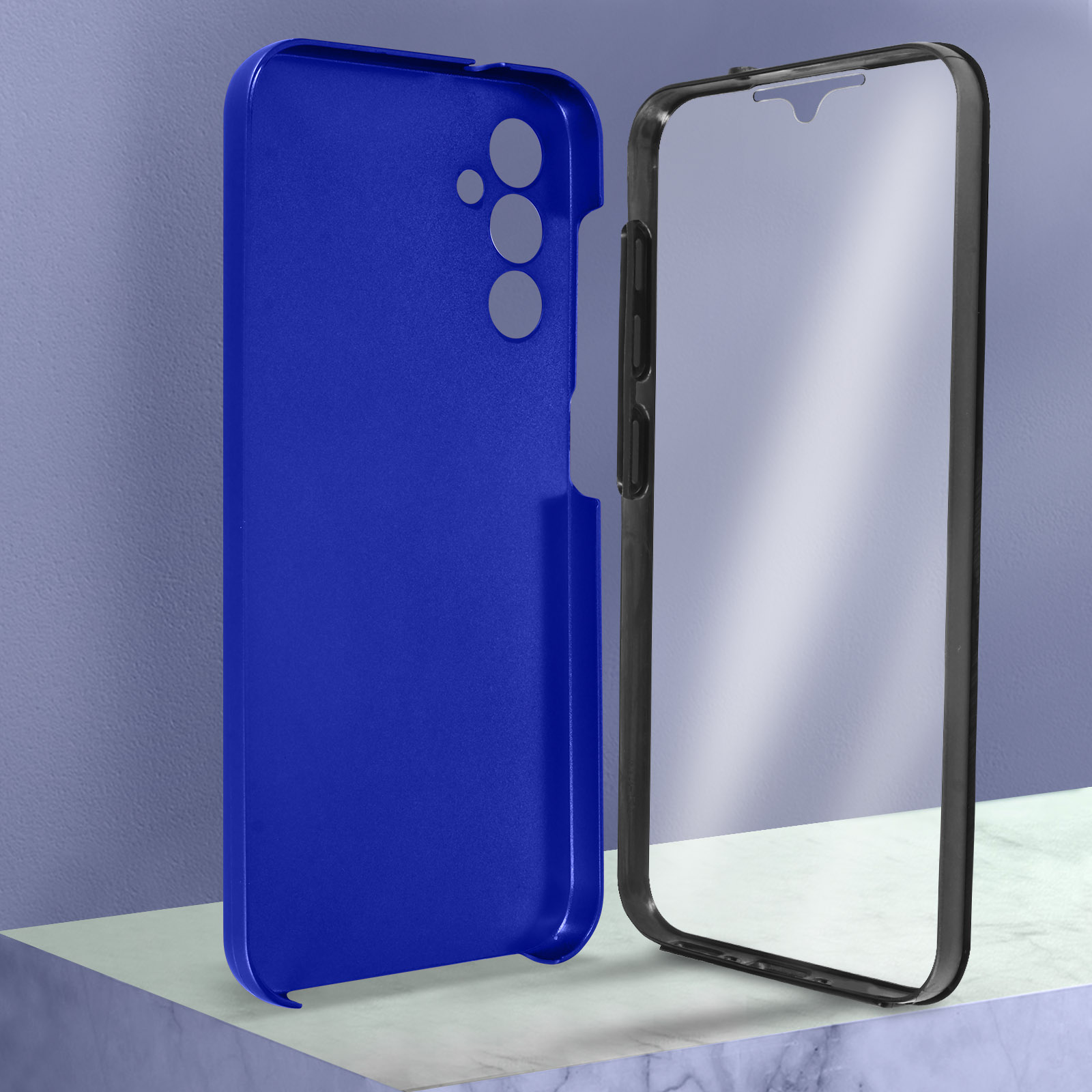 Custodia blu per telefono. Il telefono non è dentro. La parte anteriore ha una protezione per lo schermo trasparente.