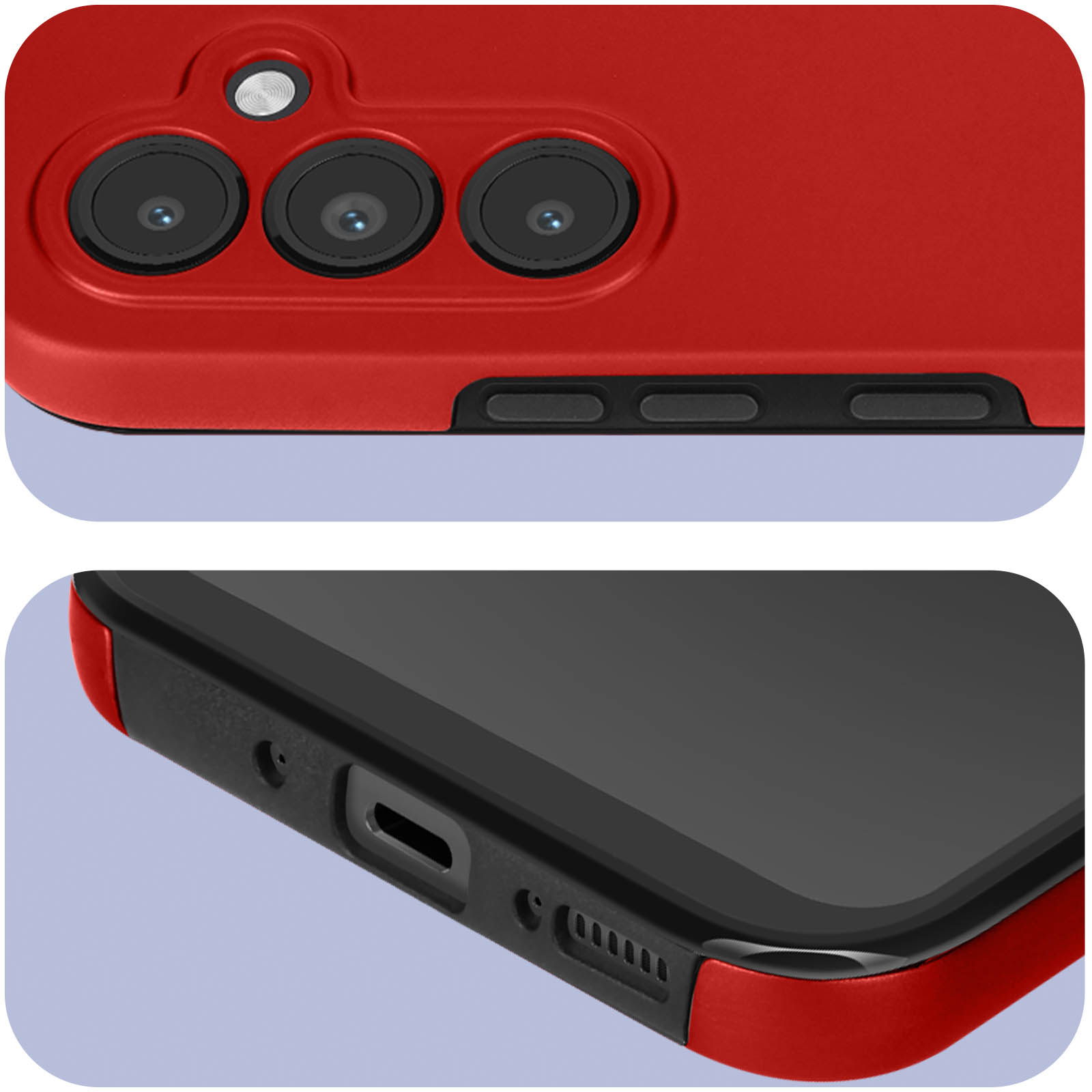 Primo piano di una custodia rossa con tre lenti della fotocamera e la base del telefono.