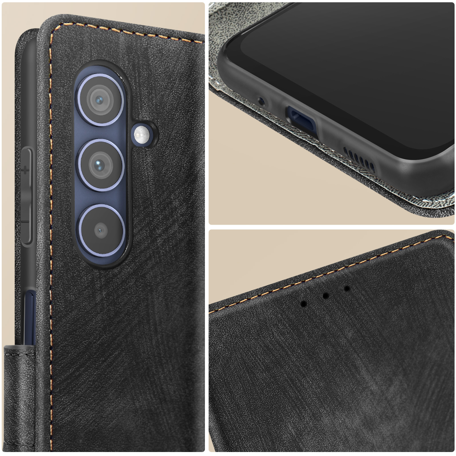 Primo piano di una custodia nera per telefono con un telefono all'interno, che mostra fotocamere, porte e cuciture.