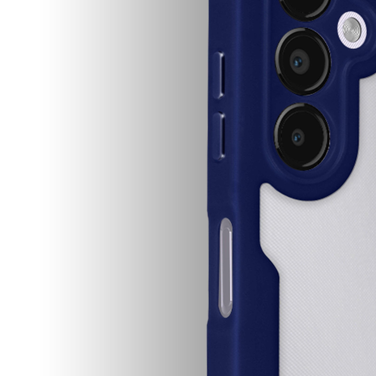 Primer plano de una funda de teléfono con lente de cámara y botones.