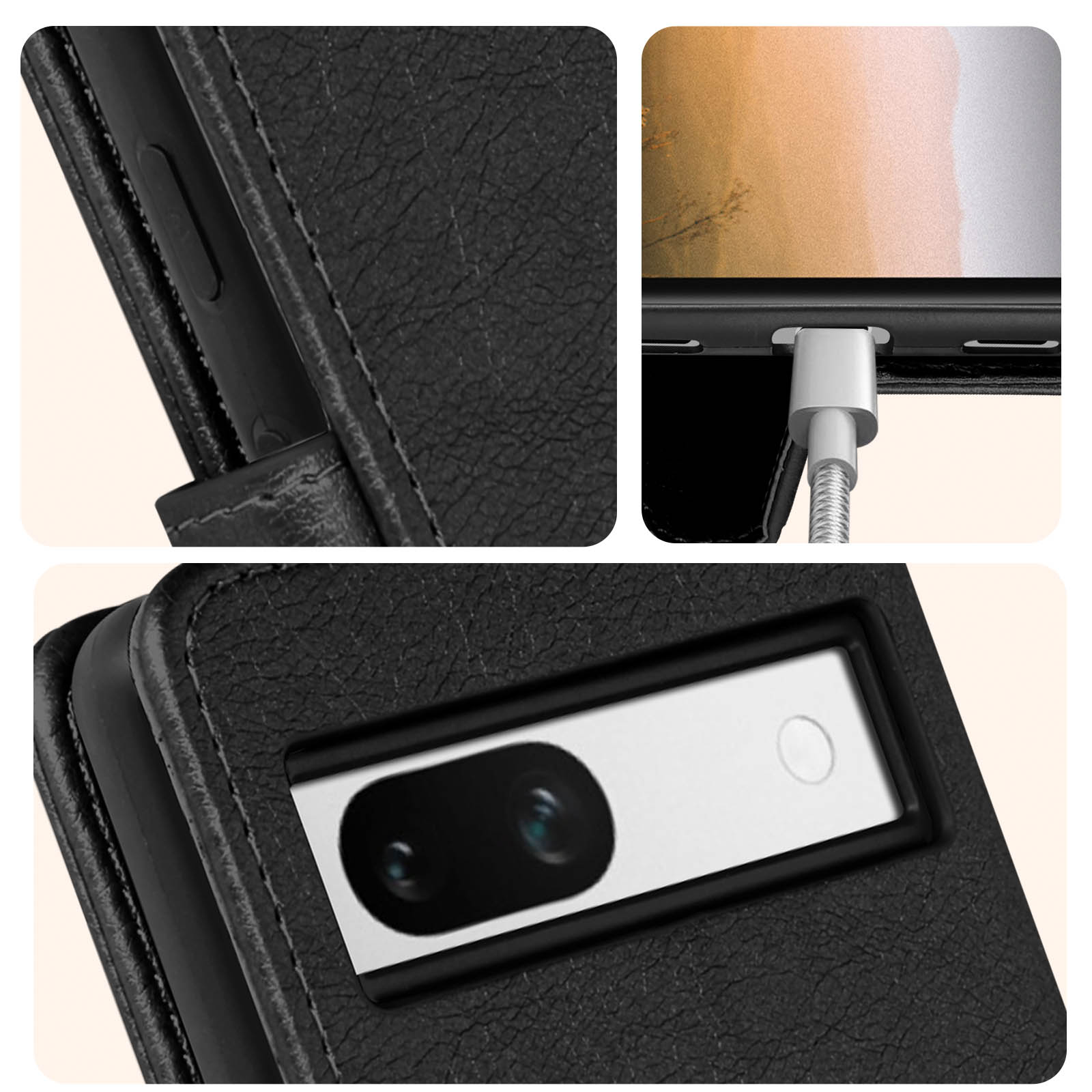 Primo piano di una custodia nera per telefono con dettagli della fotocamera, porta di ricarica e pulsanti.