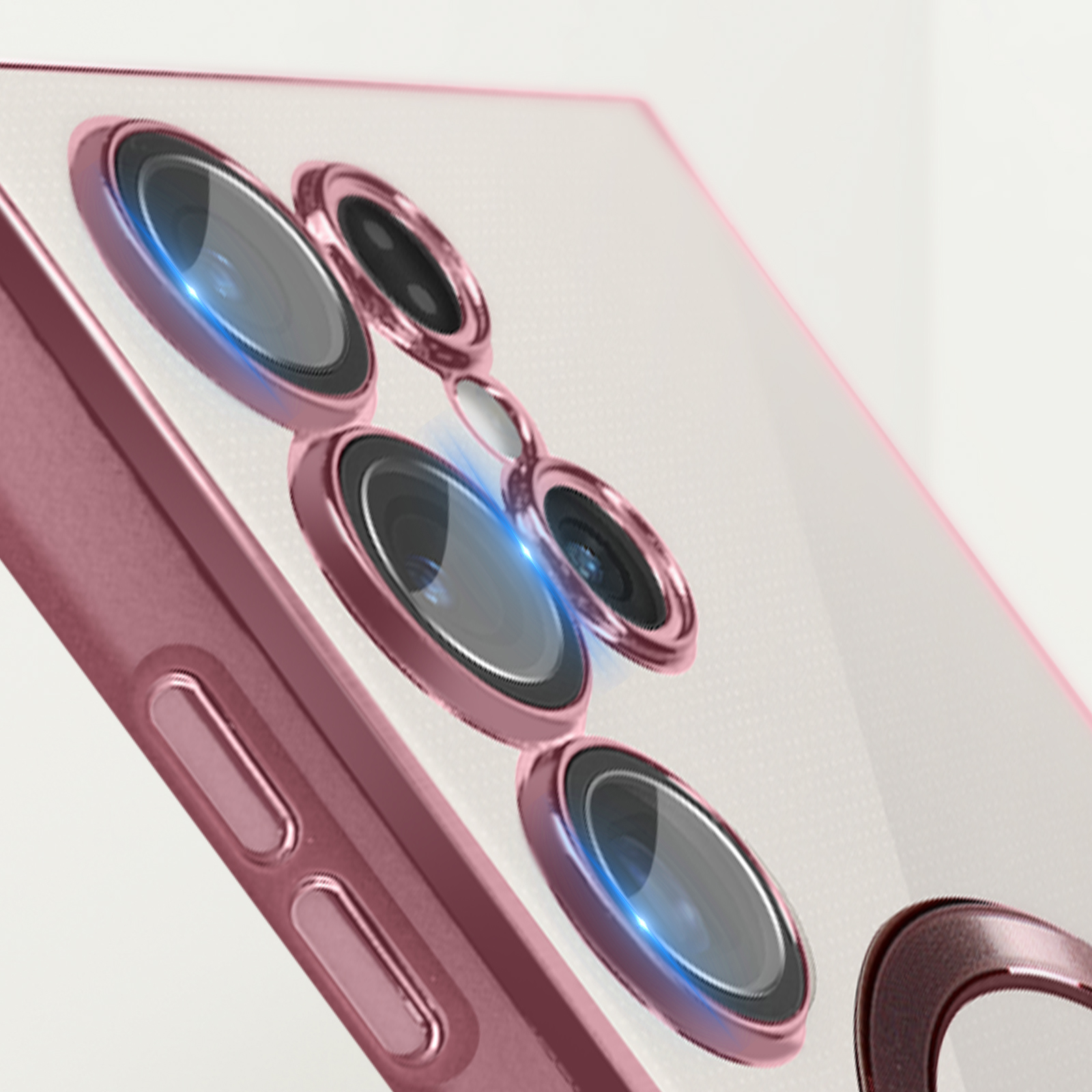 Close up of a pink phone case with three camera lenses, surrounded by a pink ring.