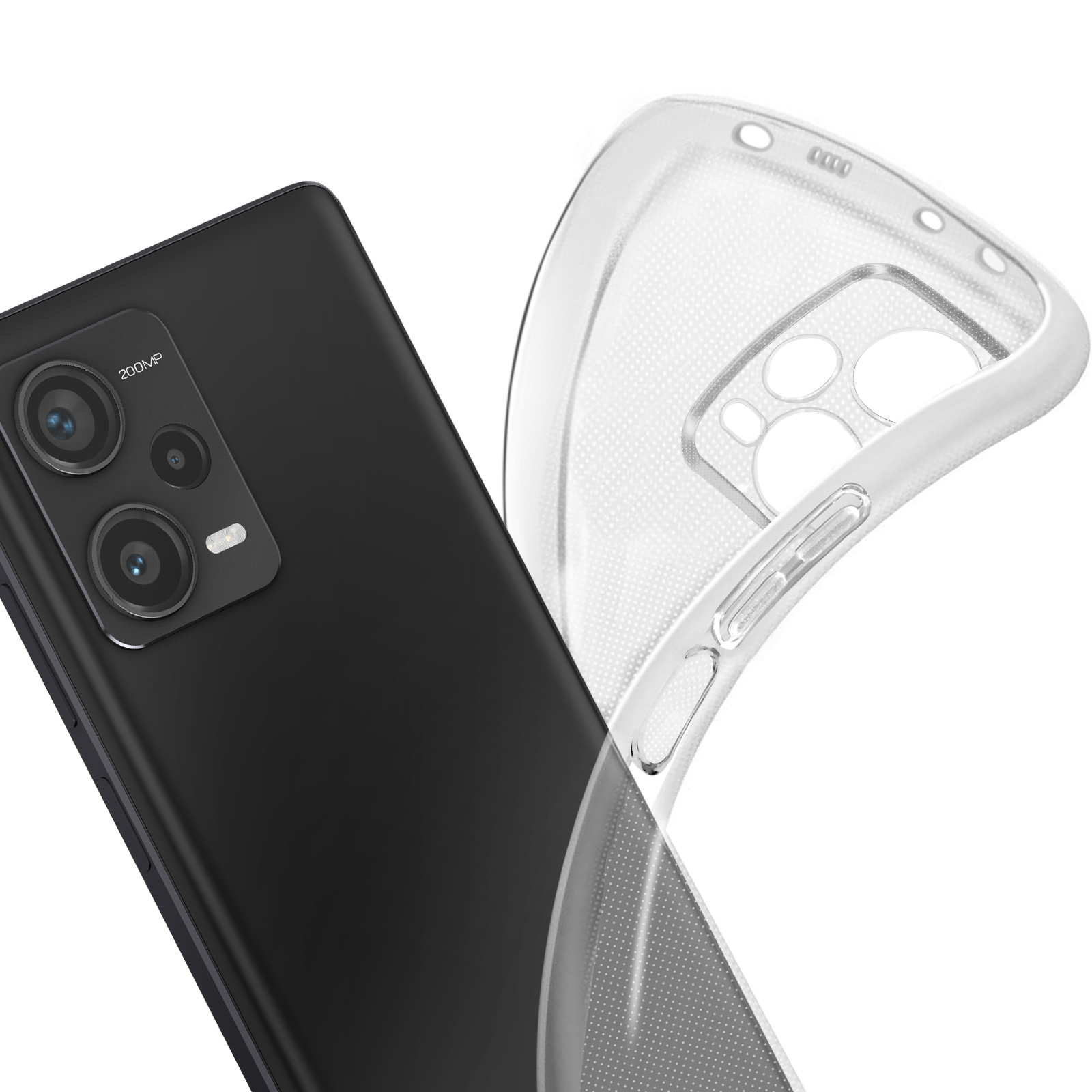 Telefono nero con custodia trasparente. Il telefono è angolato, mostrando le fotocamere.
