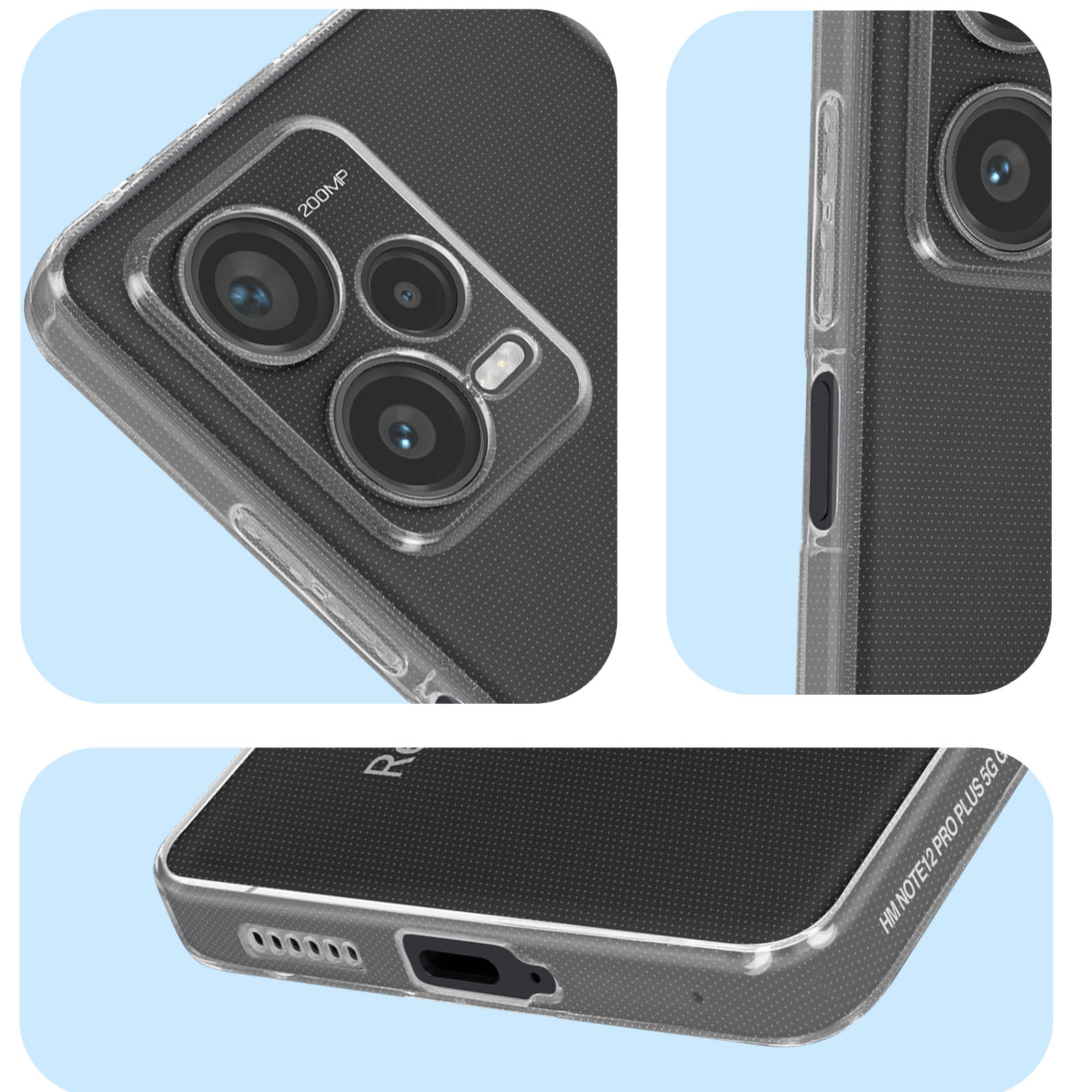 Primi piani di una custodia per telefono, che mostra la fotocamera e il retro. La custodia è trasparente.