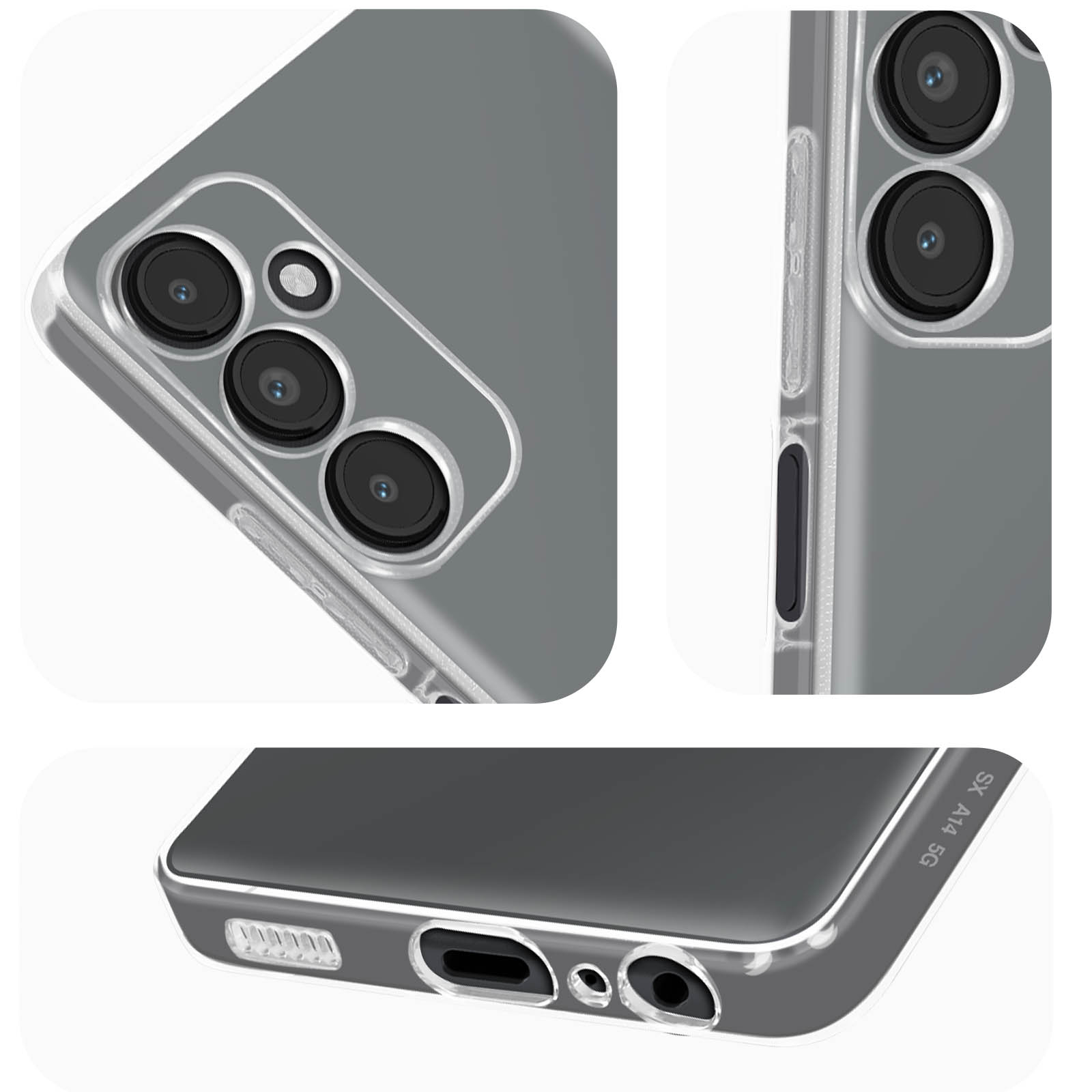 Primo piano di un telefono grigio con più fotocamere, pulsanti e porte, che mostra diverse angolazioni.