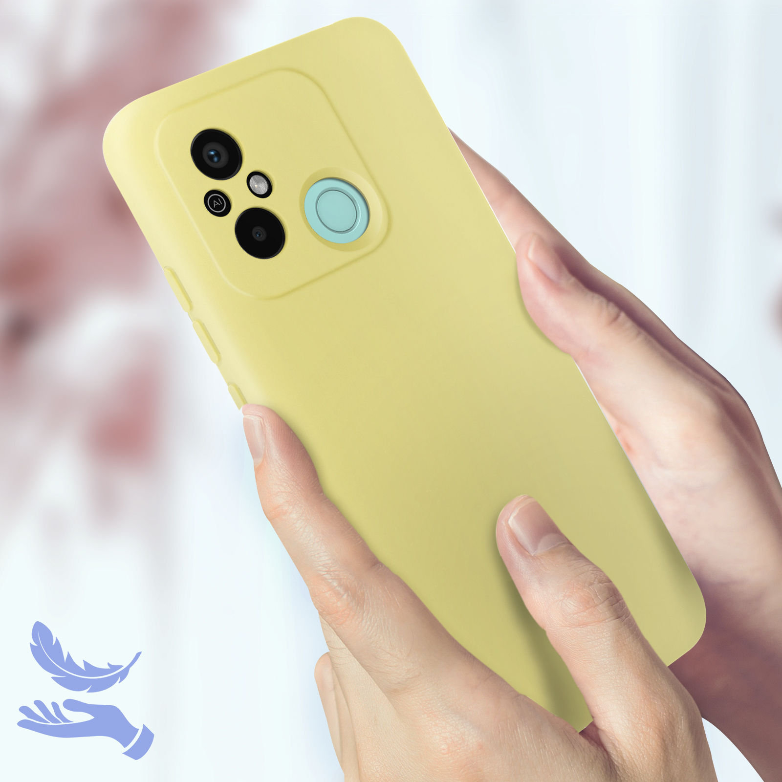 Persona che tiene una custodia gialla. La custodia ha un ritaglio per la fotocamera e un'icona di piuma.