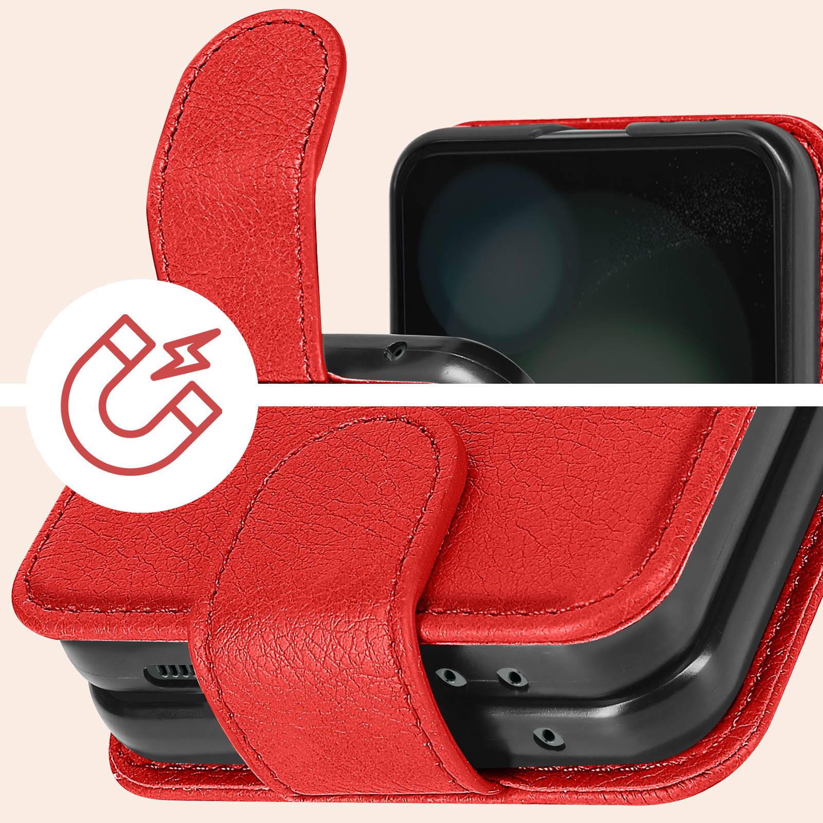 Funda roja con correa, abierta. Icono magnético. Primer plano del teléfono y la funda.