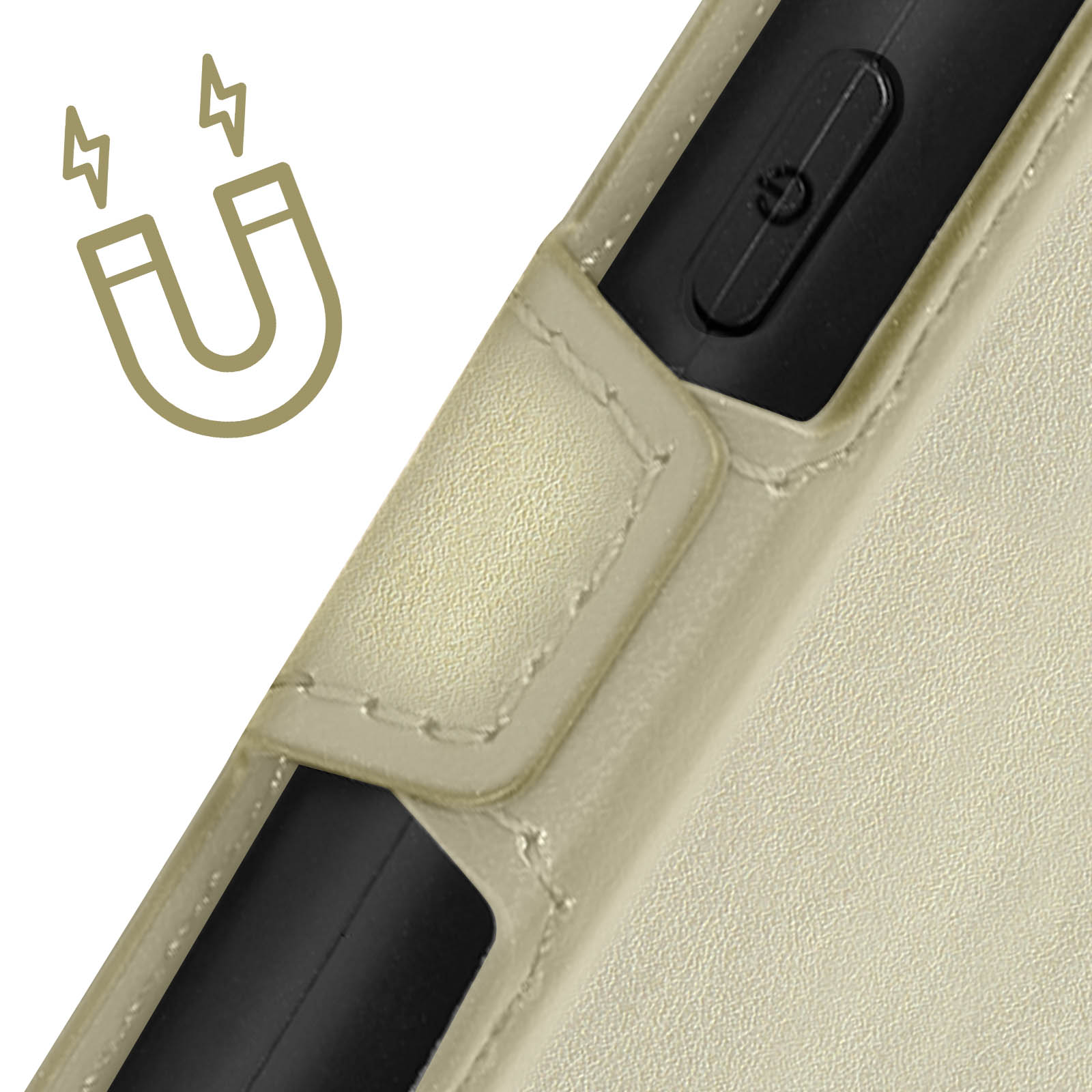 Primo piano di una custodia per telefono con un magnete e un pulsante di accensione. Color crema.