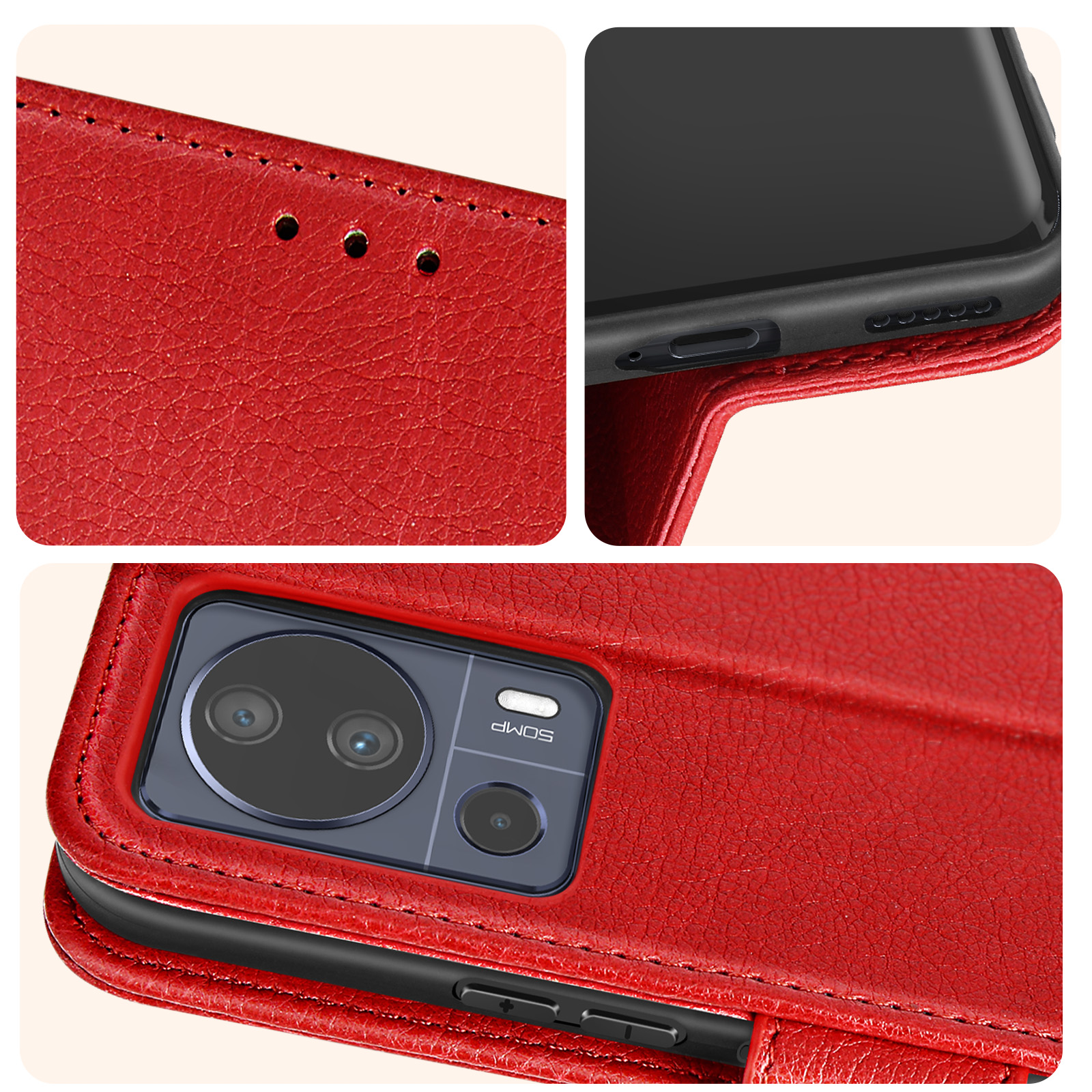 Primo piano di una custodia rossa per telefono. Ha una consistenza simile alla pelle con ritagli per la fotocamera.
