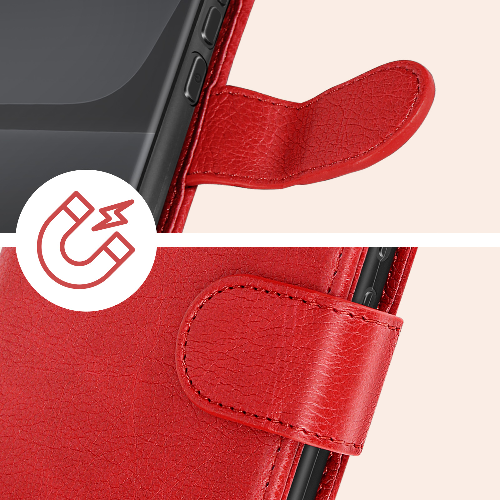 Custodia rossa per telefono con chiusura magnetica, primo piano della chiusura e telefono.