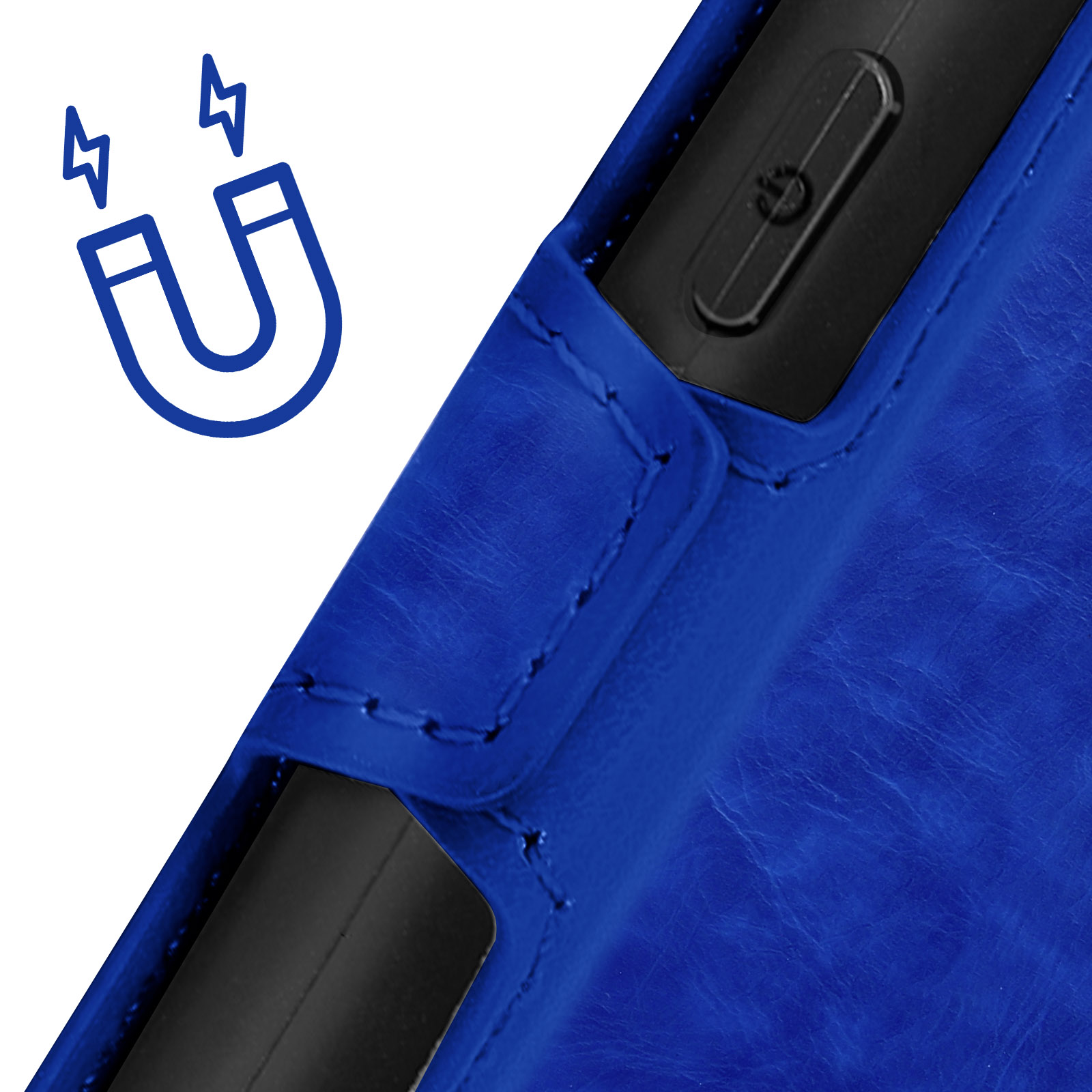 Custodia blu per telefono con un segno di magnete, primo piano, che mostra cuciture e un pulsante.