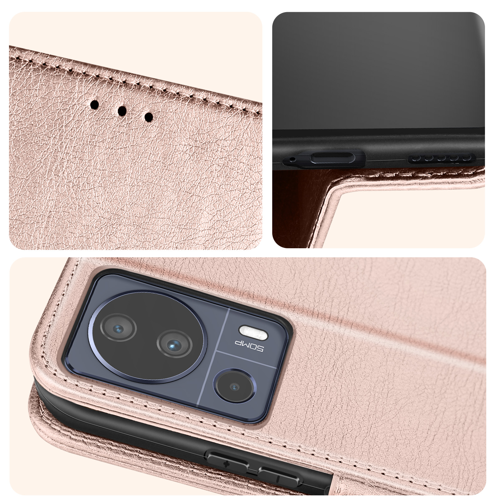 Una custodia per telefono color oro rosa, con dettagli ravvicinati della custodia.