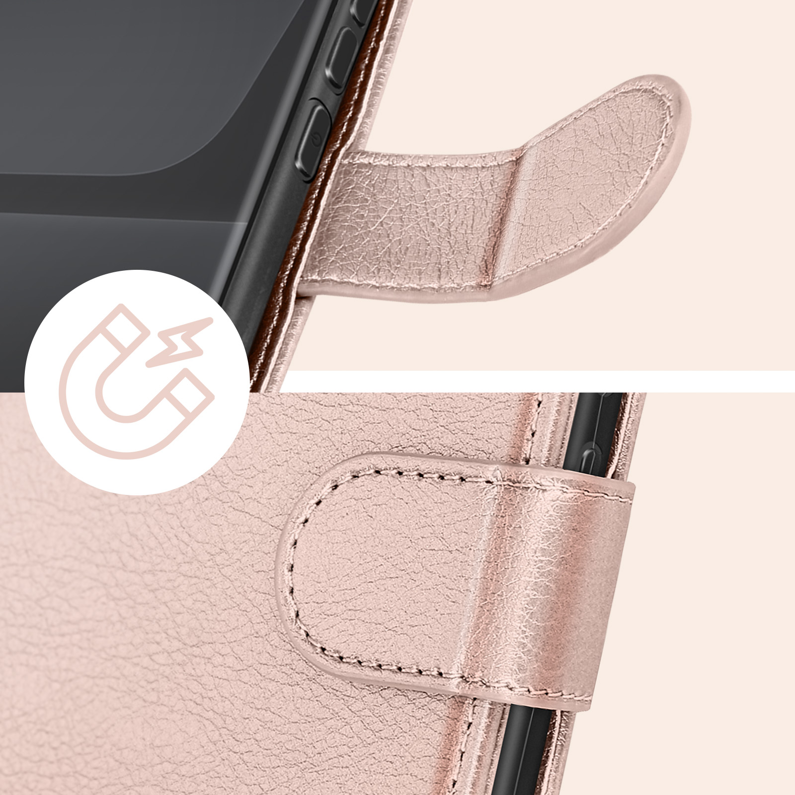 Primo piano di una custodia per telefono rosa con chiusura magnetica e un'icona a magnete.
