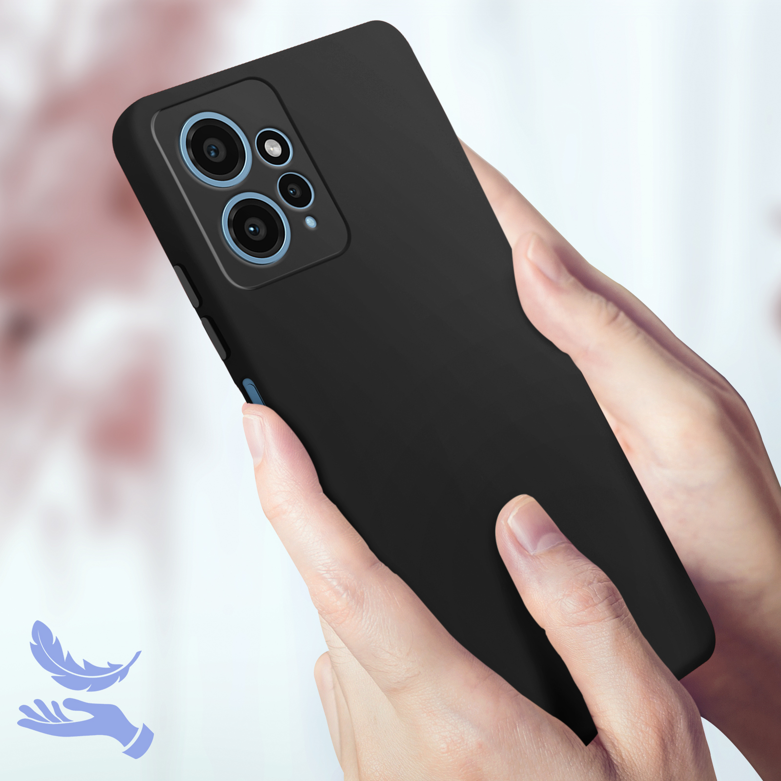 Mani che tengono un telefono nero. Il telefono ha due obiettivi della fotocamera. Un'icona di piuma è a sinistra.