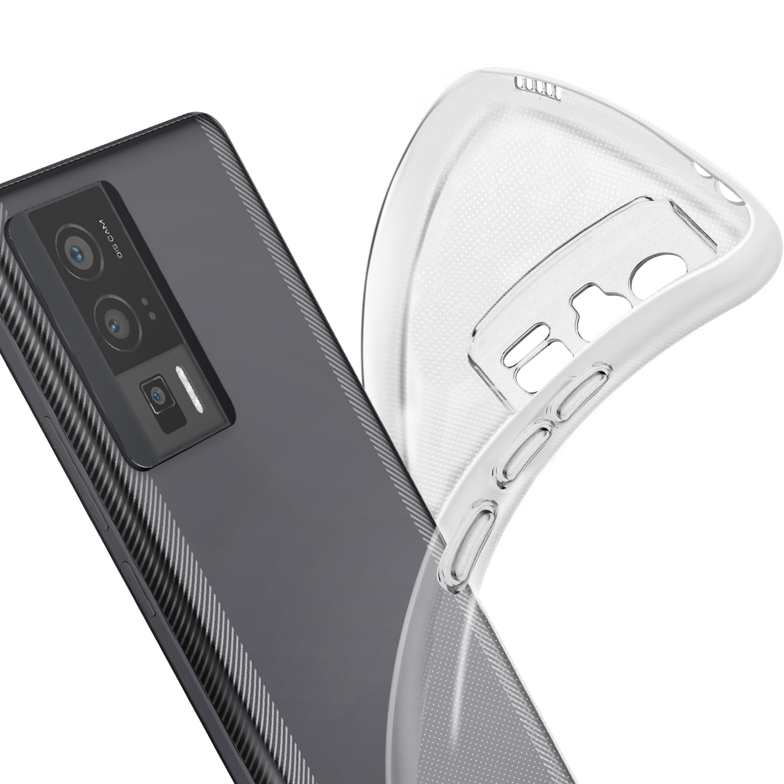 Custodia trasparente su un telefono con retro in fibra di carbonio. Il telefono ha due fotocamere.